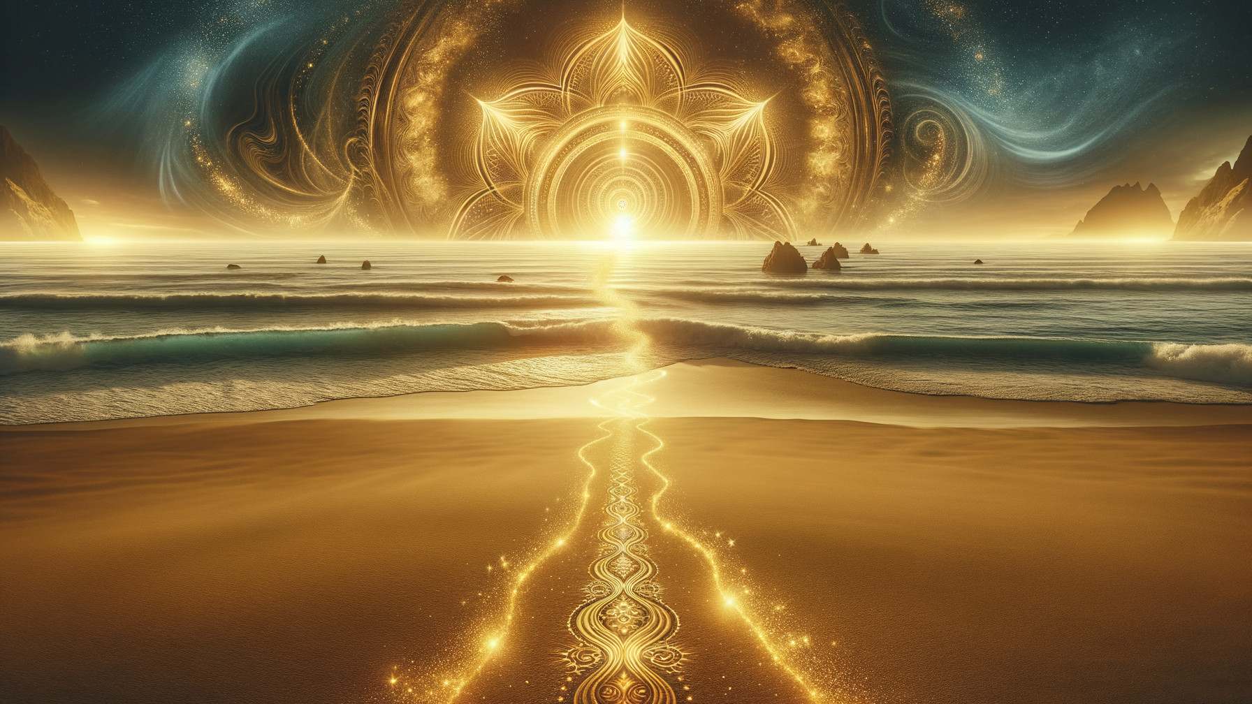 Sunrise Over Tranquil Ocean with Golden Beaches