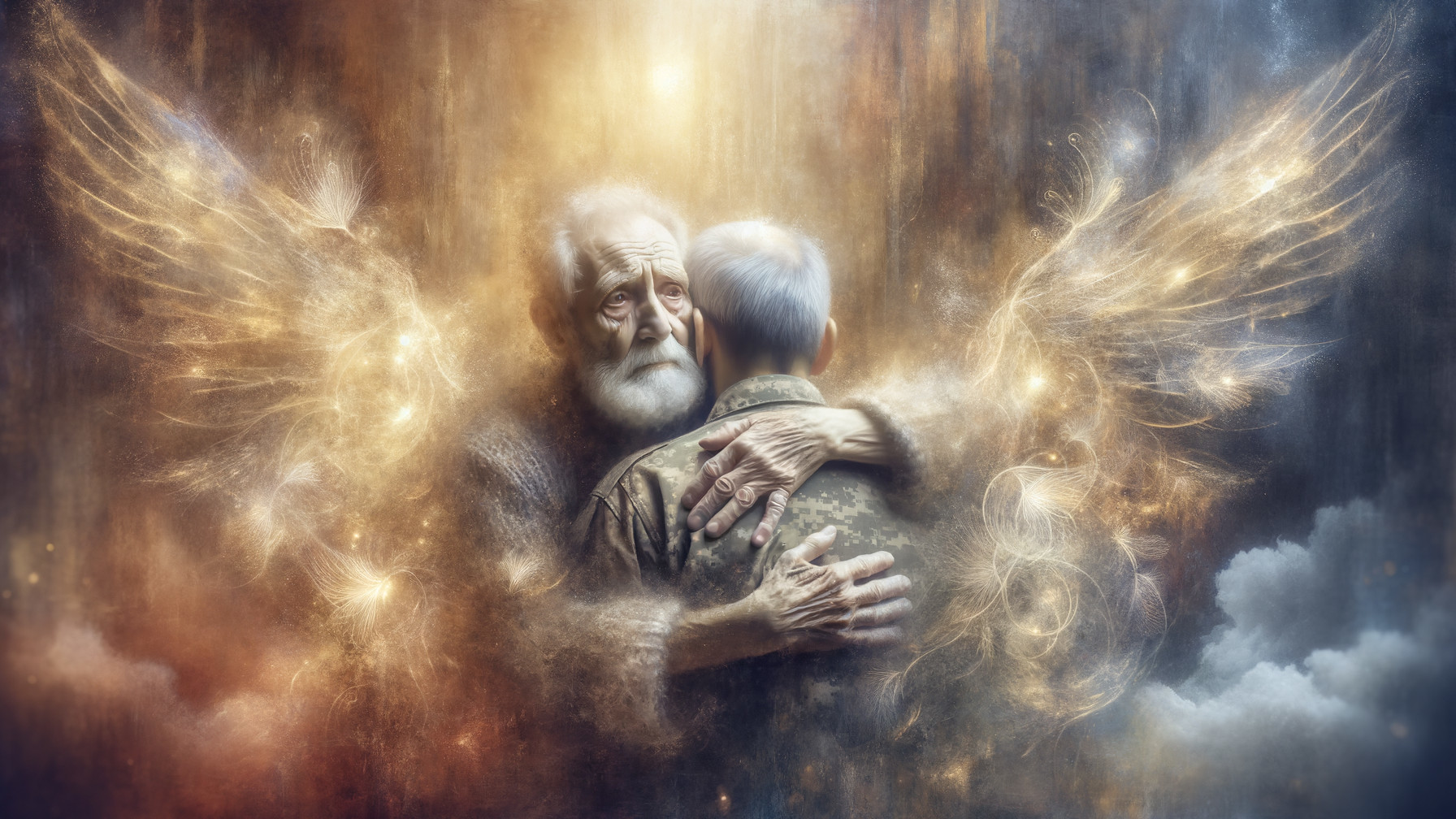 Elderly Man and Soldier in a Dreamlike Embrace