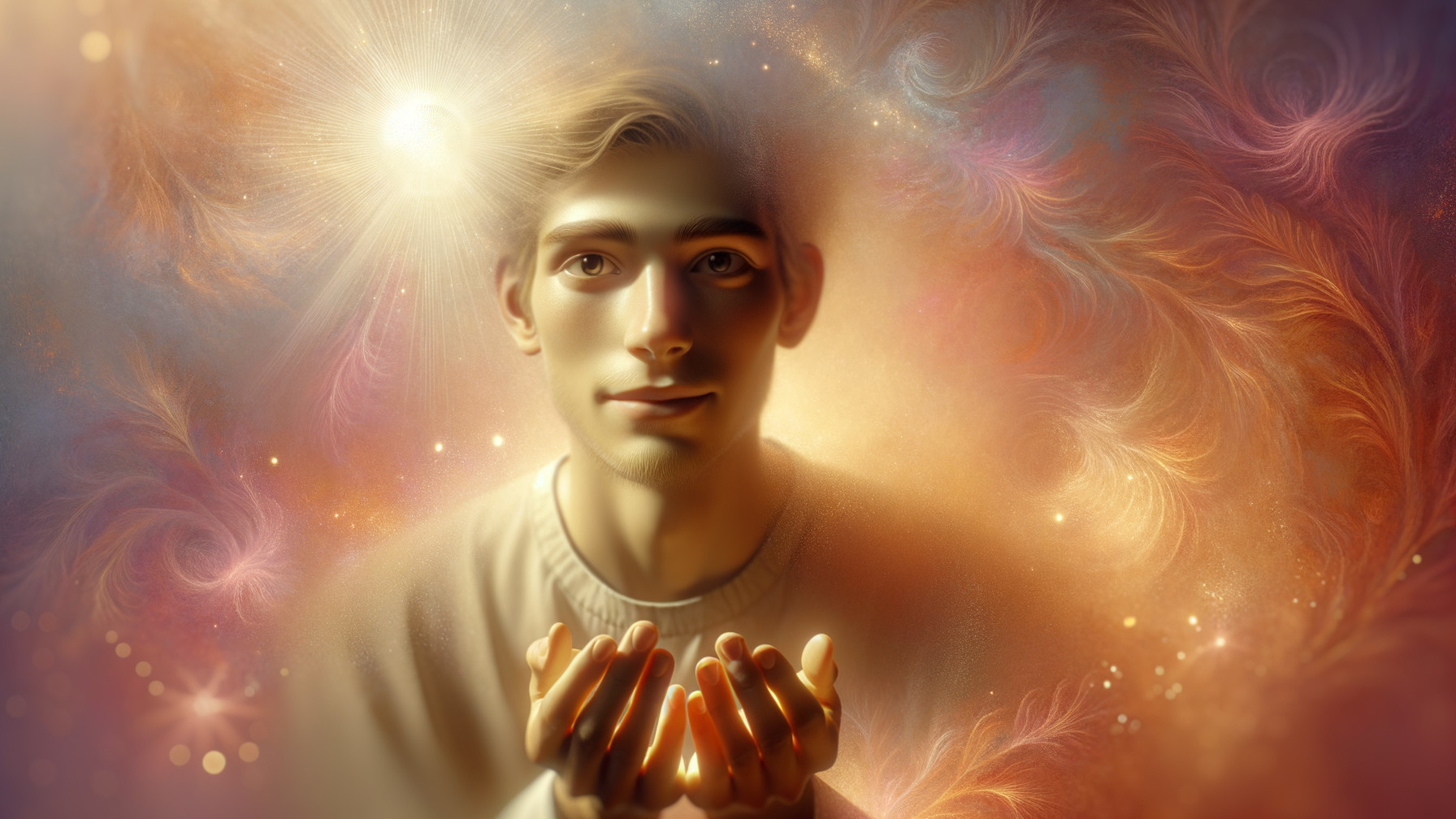 Young man in serene pose amidst vibrant colors