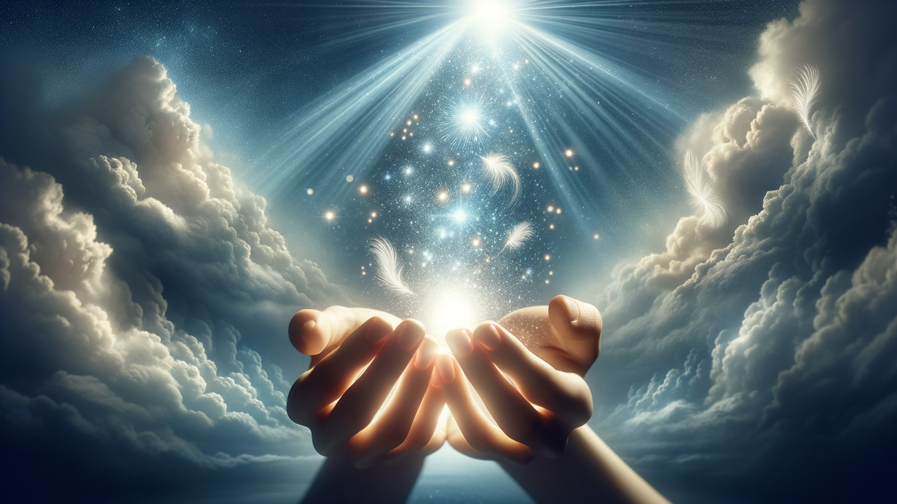 Celestial Scene with Hands Cradling a Glowing Orb