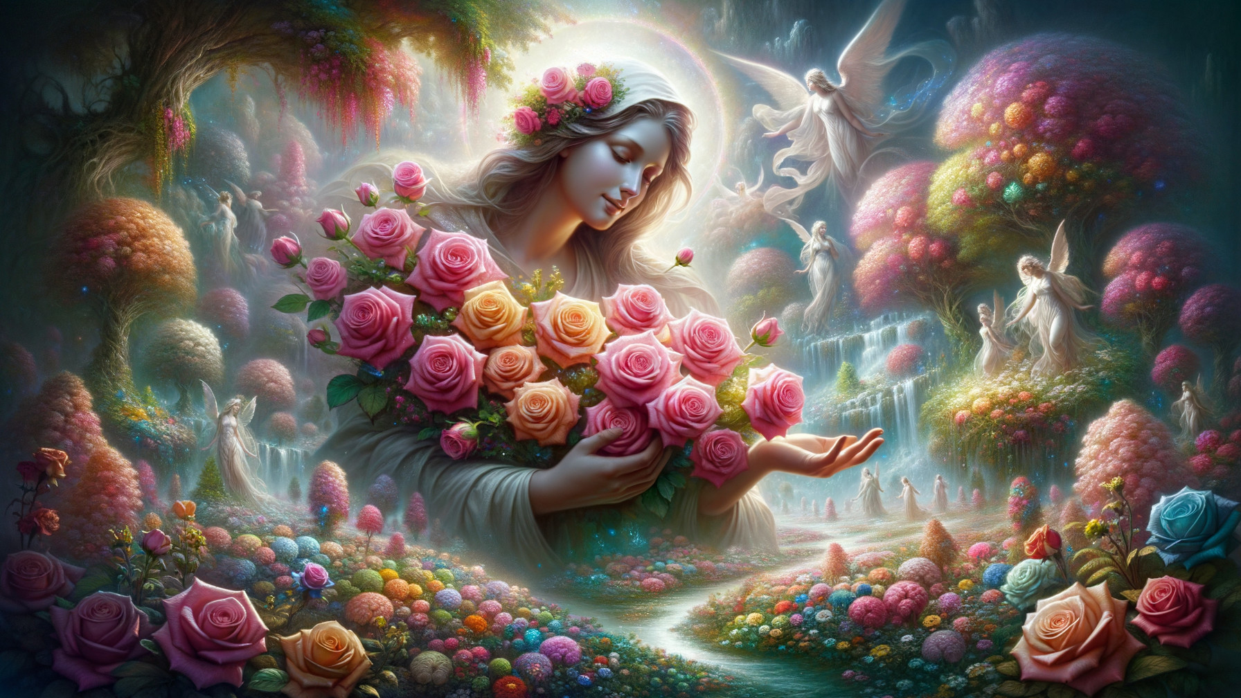 Serene figure in a vibrant garden with fairies and roses