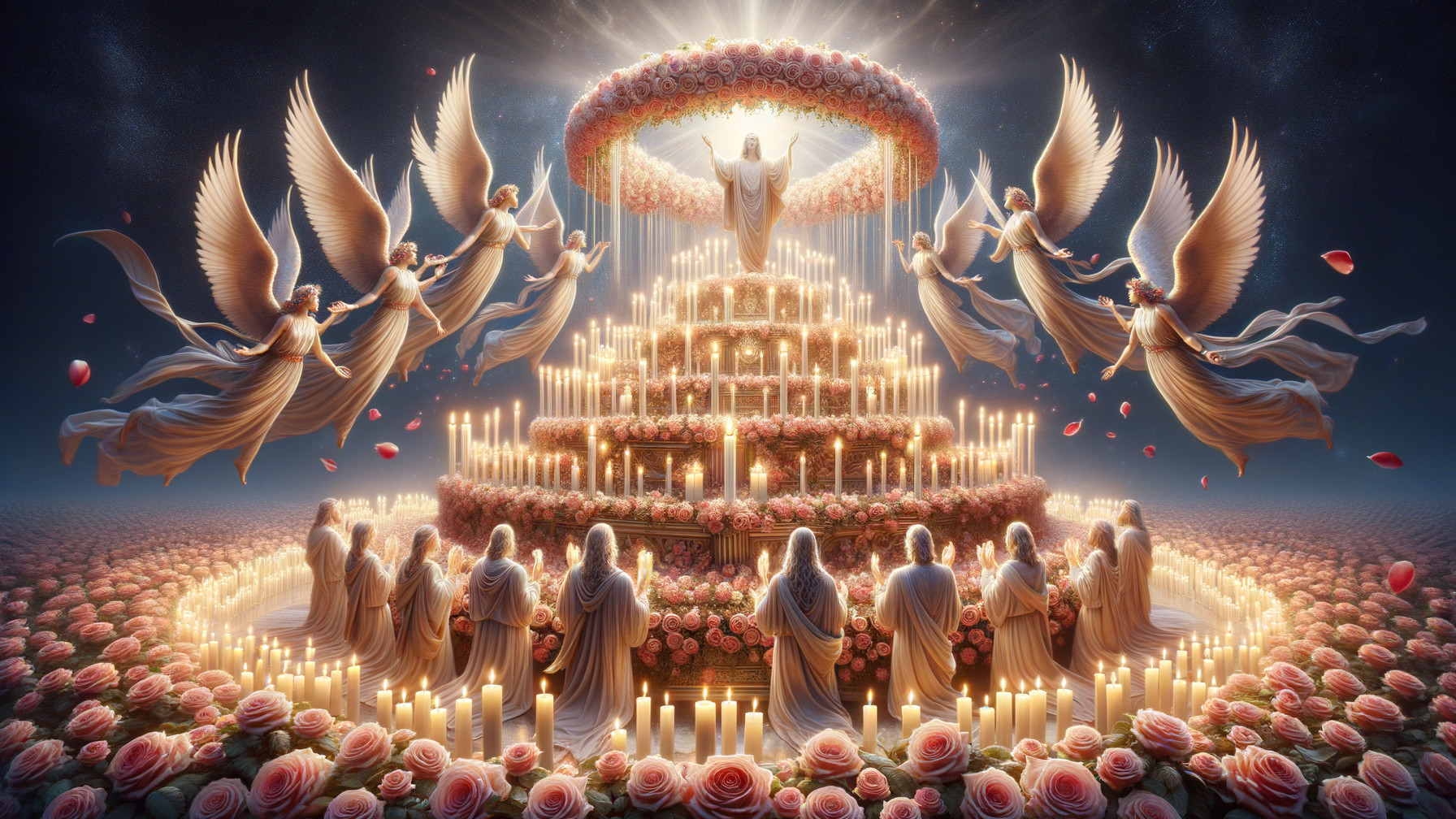 Celestial Scene with Angels and Candlelit Structure