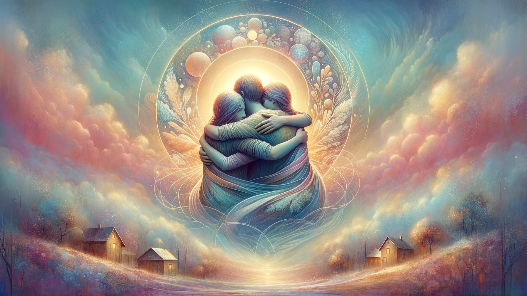 Dreamlike Landscape with Embracing Figures and Light