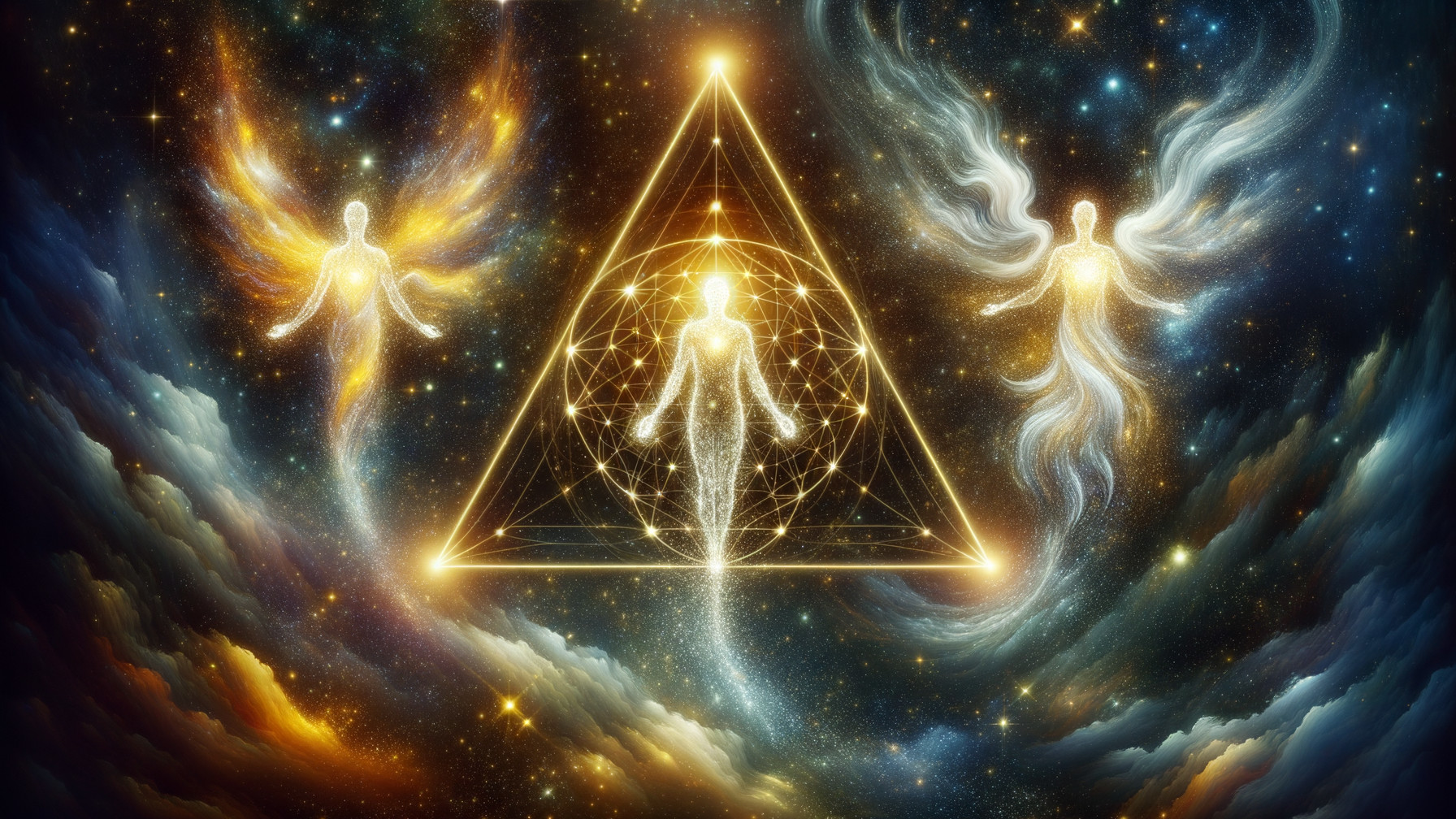 Ethereal Figures in Cosmic Celestial Scene
