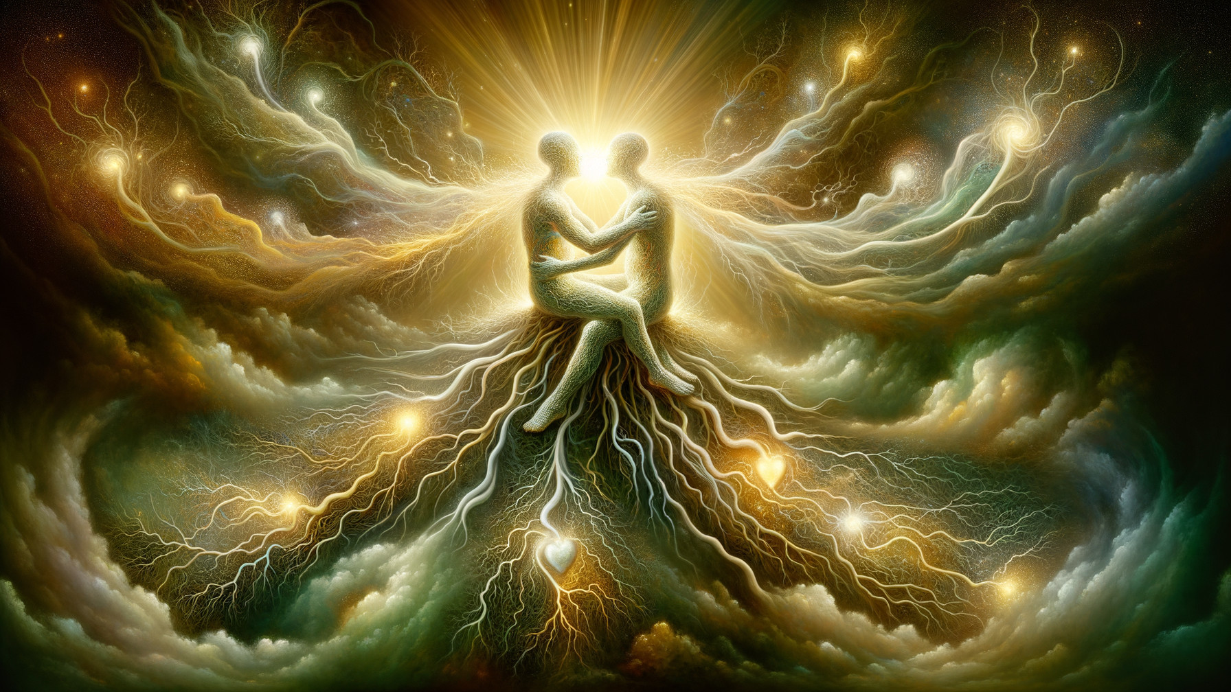 Ethereal Figures Embracing in Cosmic Backdrop