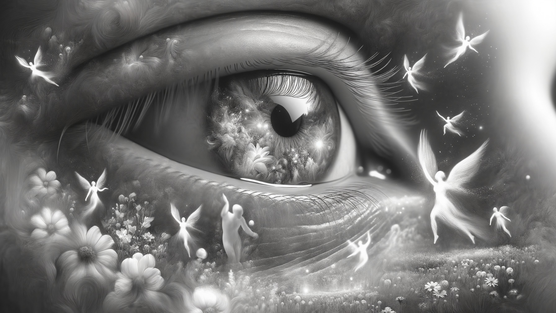 Surreal Eye with Fairies and Swirling Patterns
