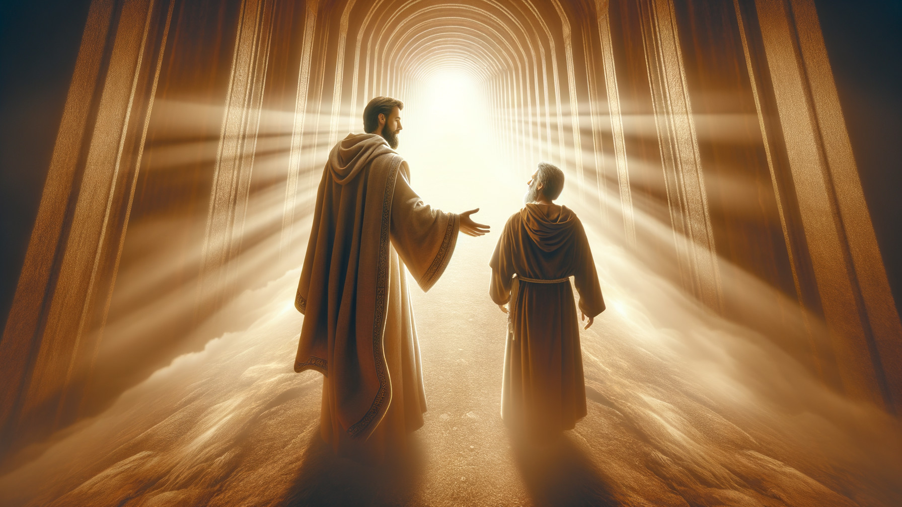 Luminous Corridor with Figures in Flowing Robes