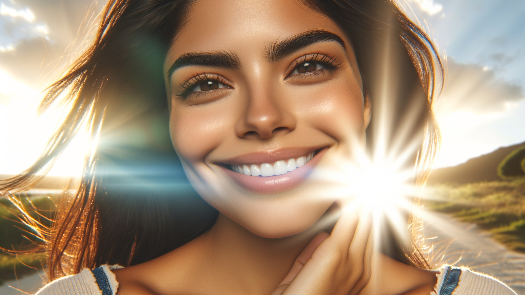 Woman with radiant smile in glowing sunlight backdrop