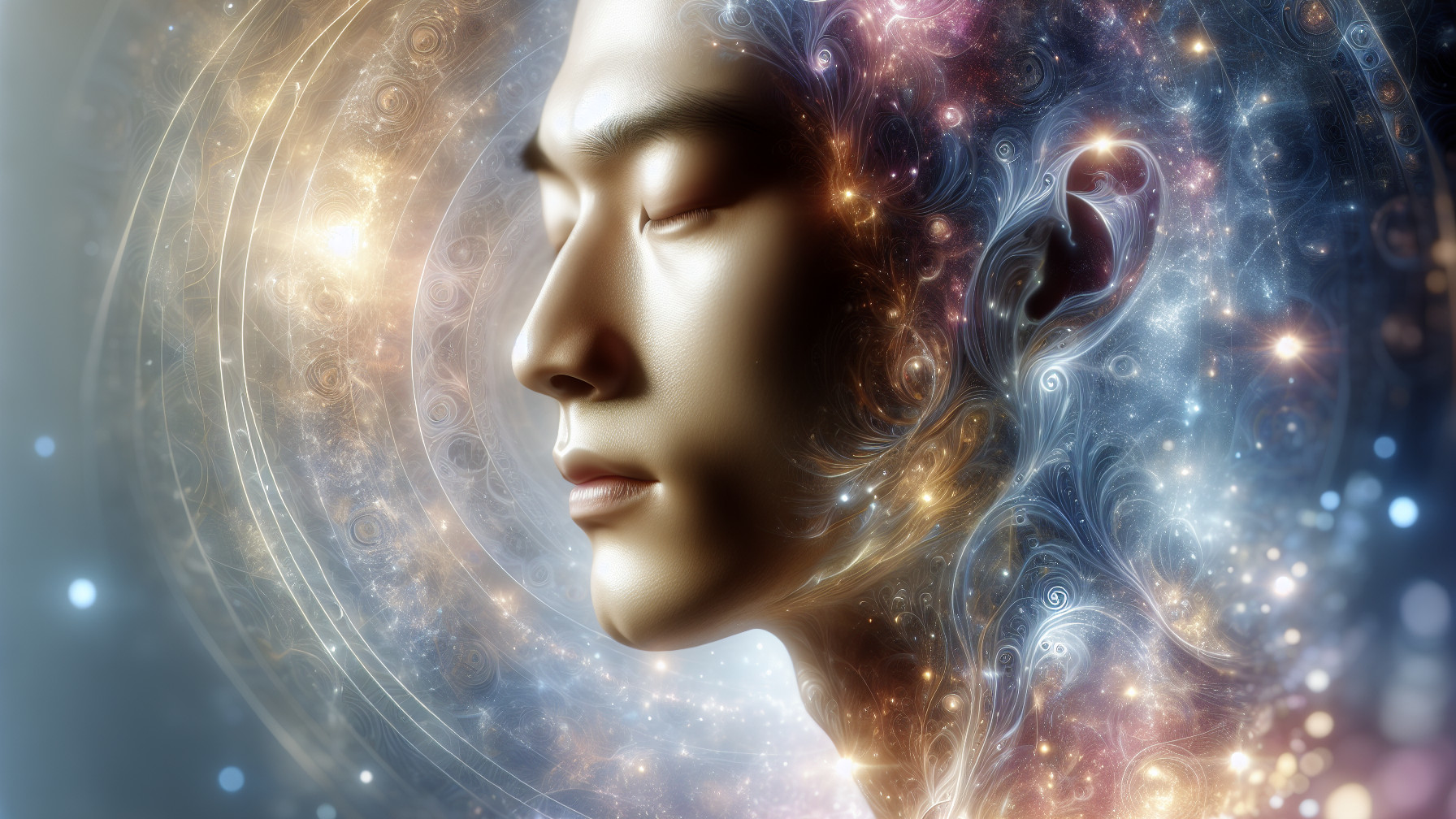 Serene Young Face with Cosmic Glow and Stars