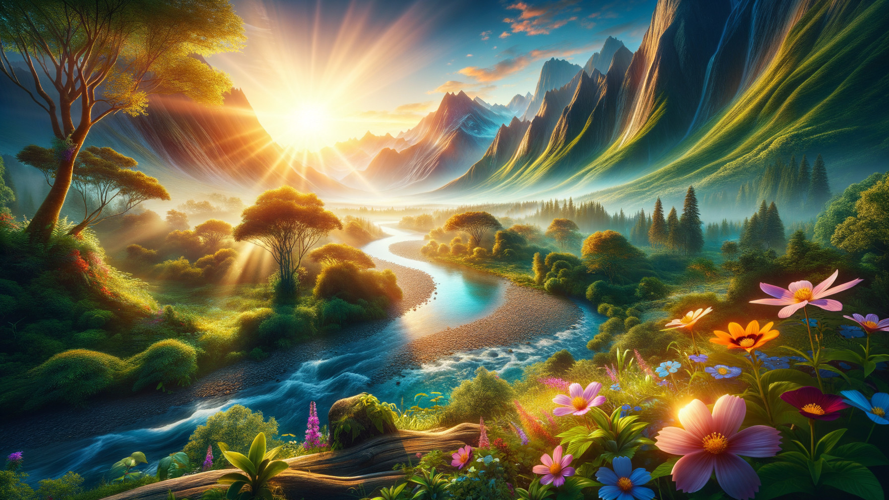 Majestic Sunrise Landscape with River and Wildflowers