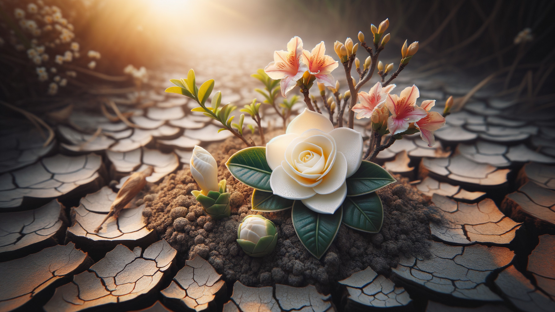 Close-up of a white camellia with green leaves and buds