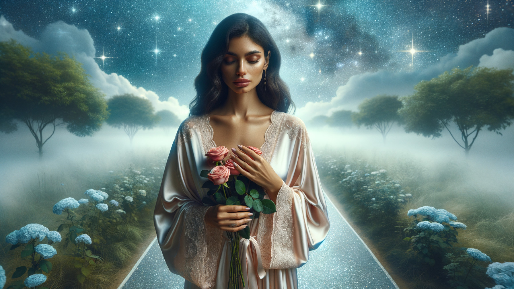Serene Woman in Dreamlike Landscape with Roses