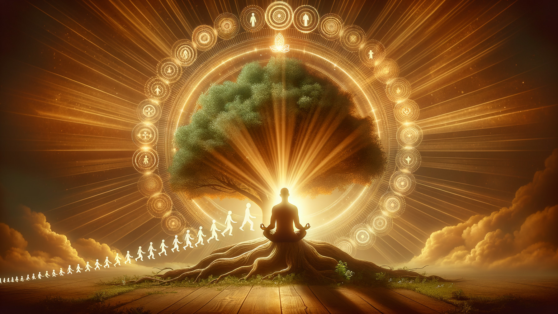 Meditative Figure Under Glowing Tree with Symbols