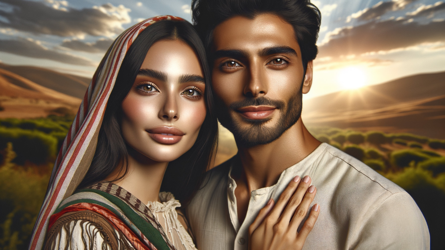 Couple Embracing at Sunset in Scenic Landscape