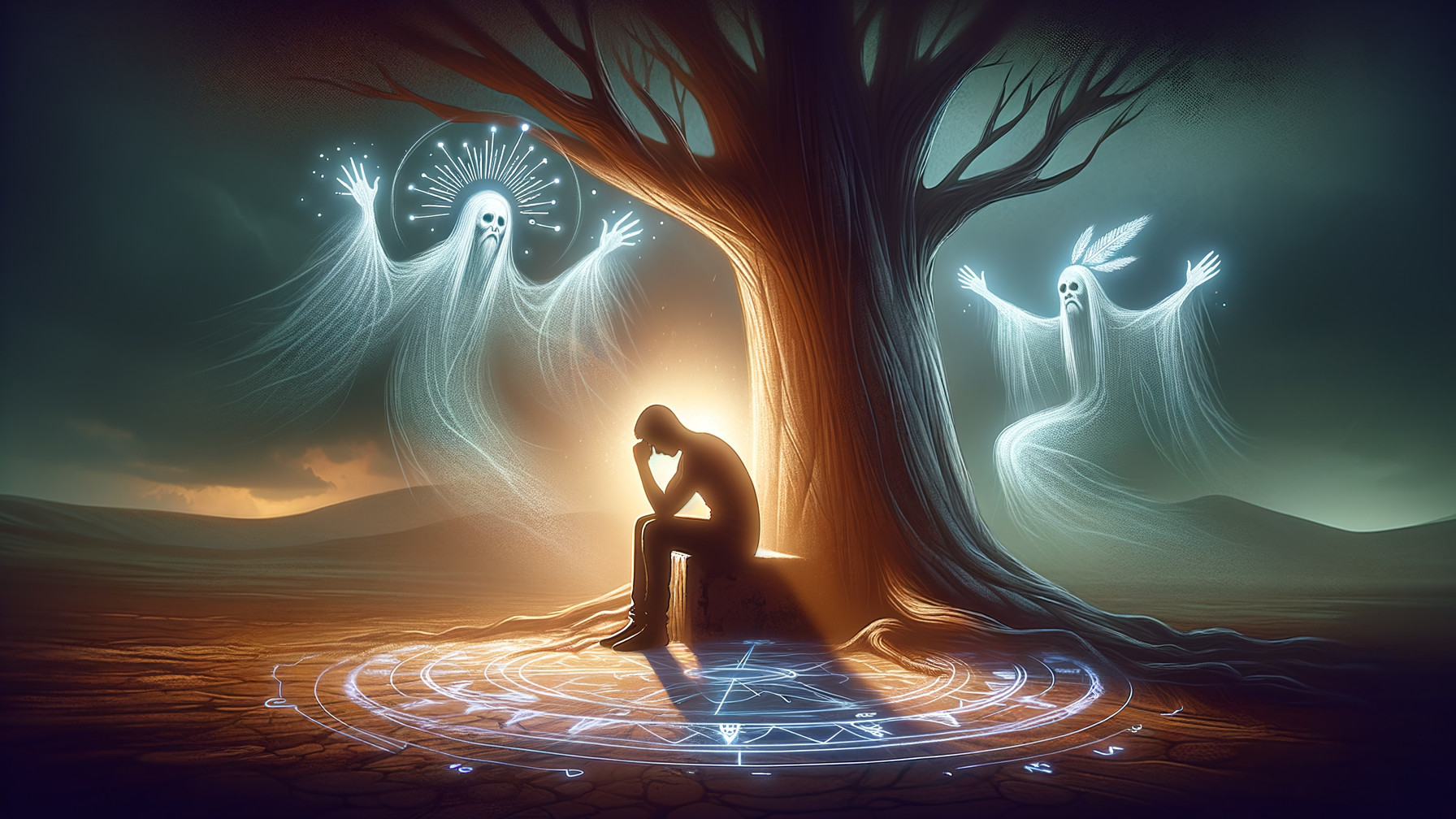 Surreal Landscape with Contemplative Figure and Spirits