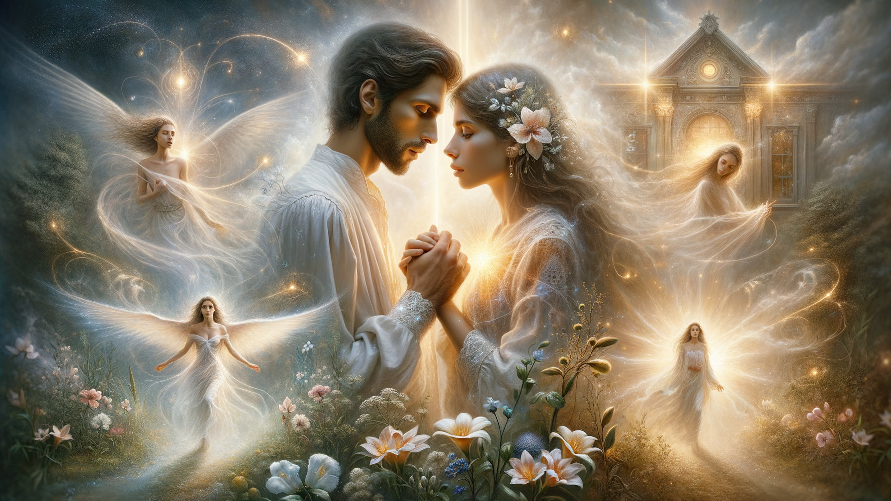 Couple in Mystical Setting Surrounded by Ethereal Light