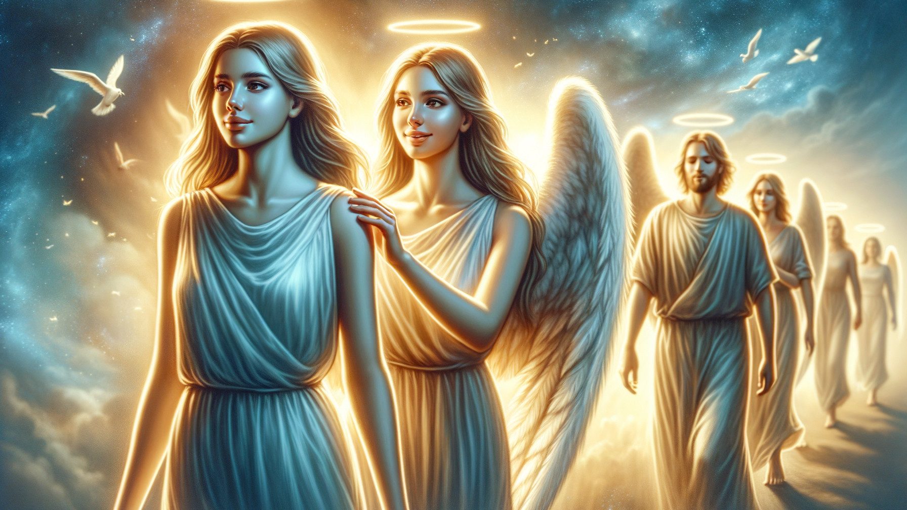 Celestial Scene with Ethereal Figures in Soft Light