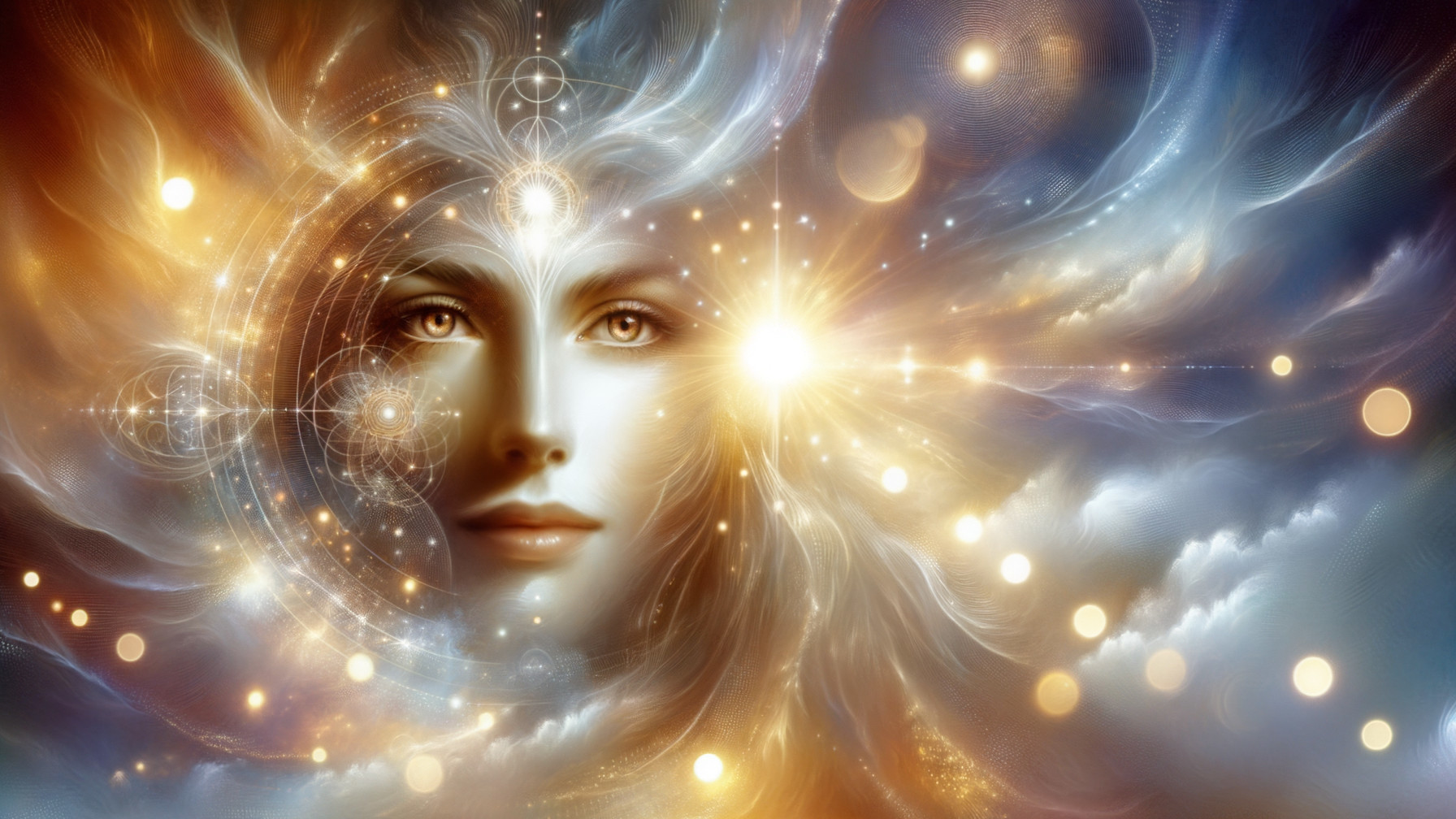 Mystical Face Surrounded by Vibrant Colors and Light
