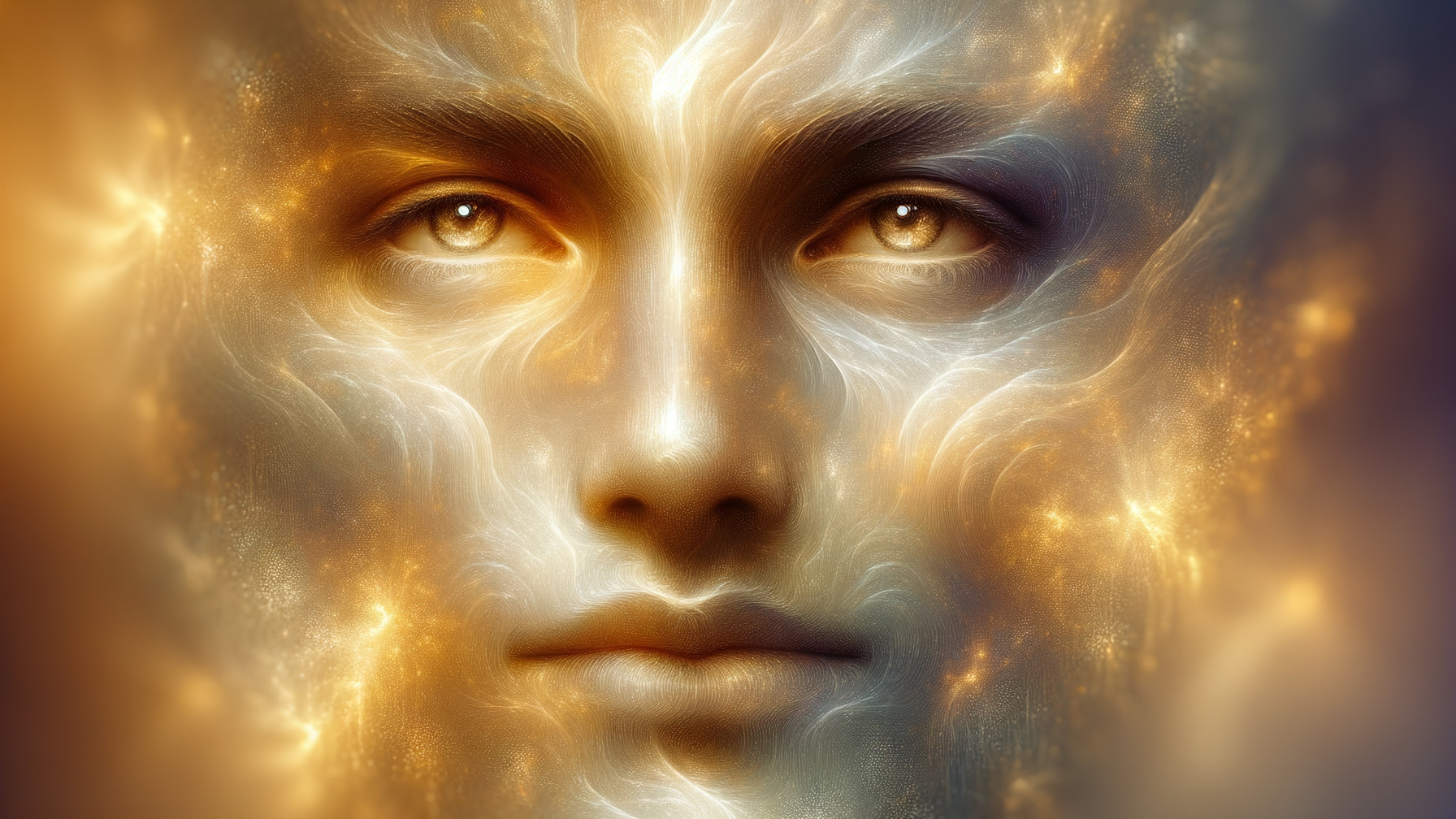 Ethereal face with cosmic patterns and luminous light