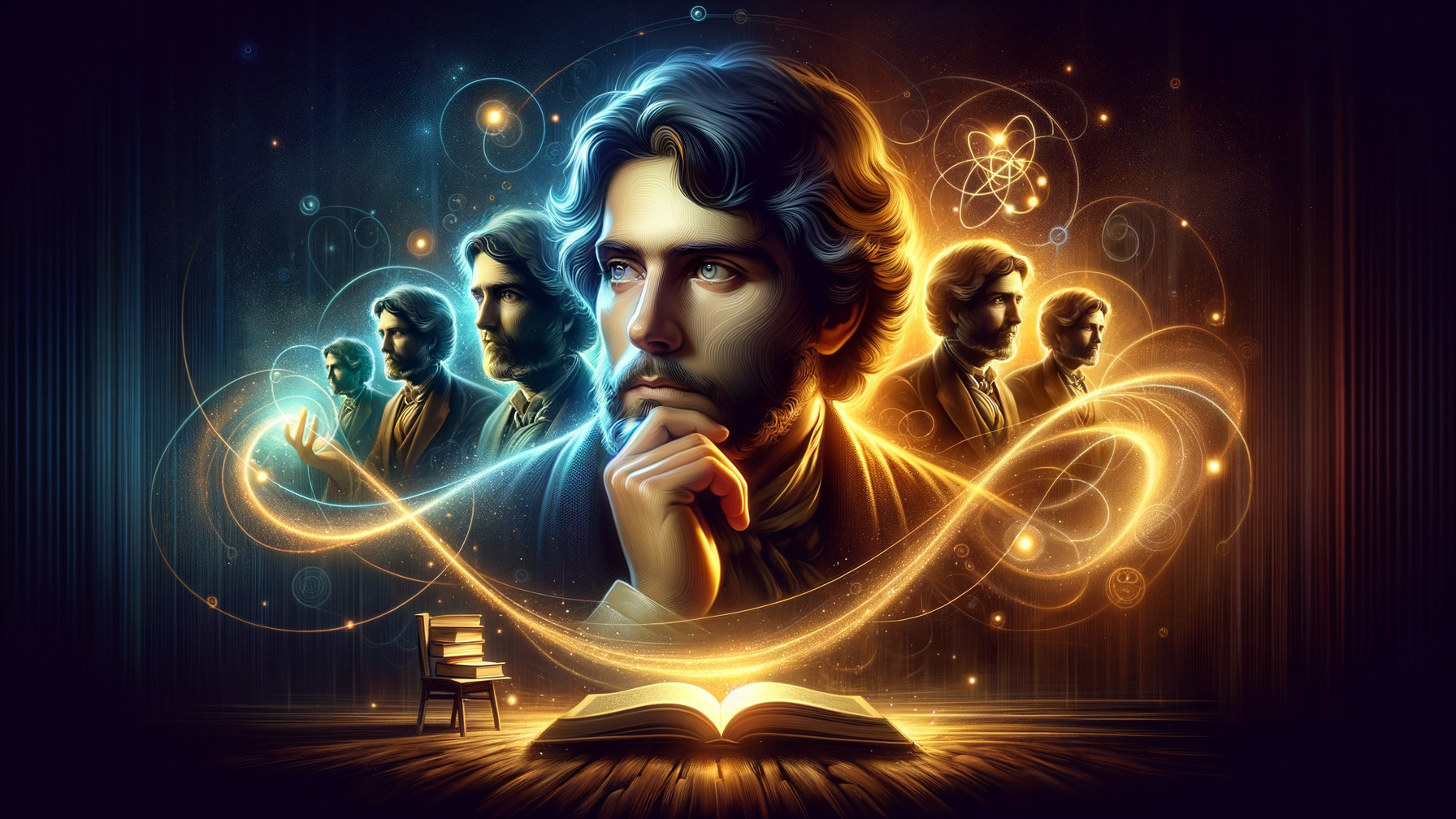 Thoughtful Man Amid Light and Symbols of Knowledge