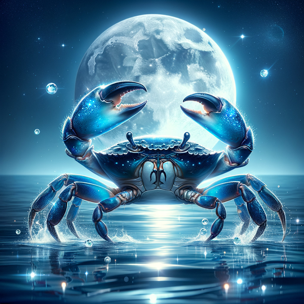 Bioluminescent Blue Crab Illustration in Moonlit Water