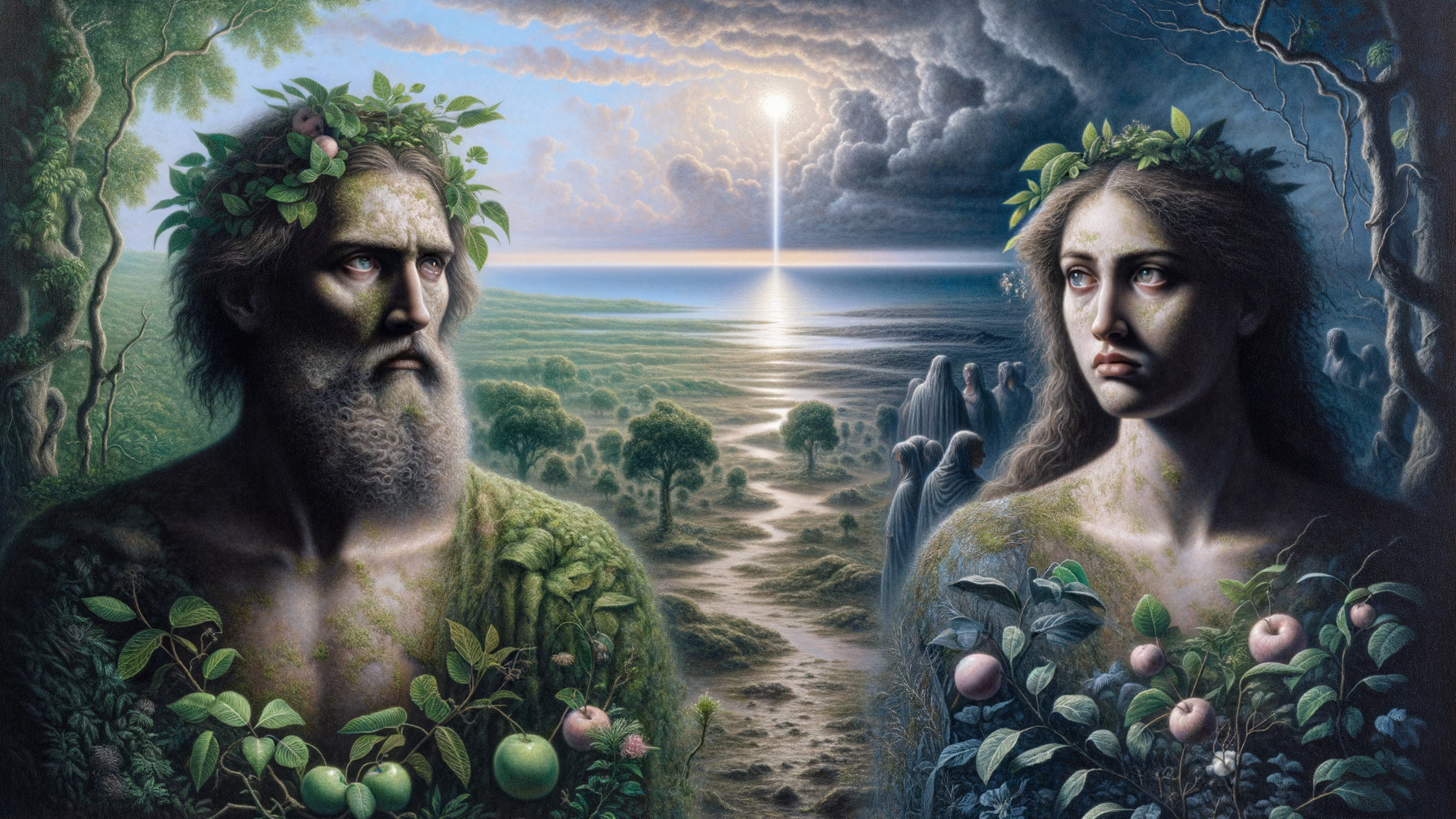 Surreal Nature Scene with Human Figures and Light