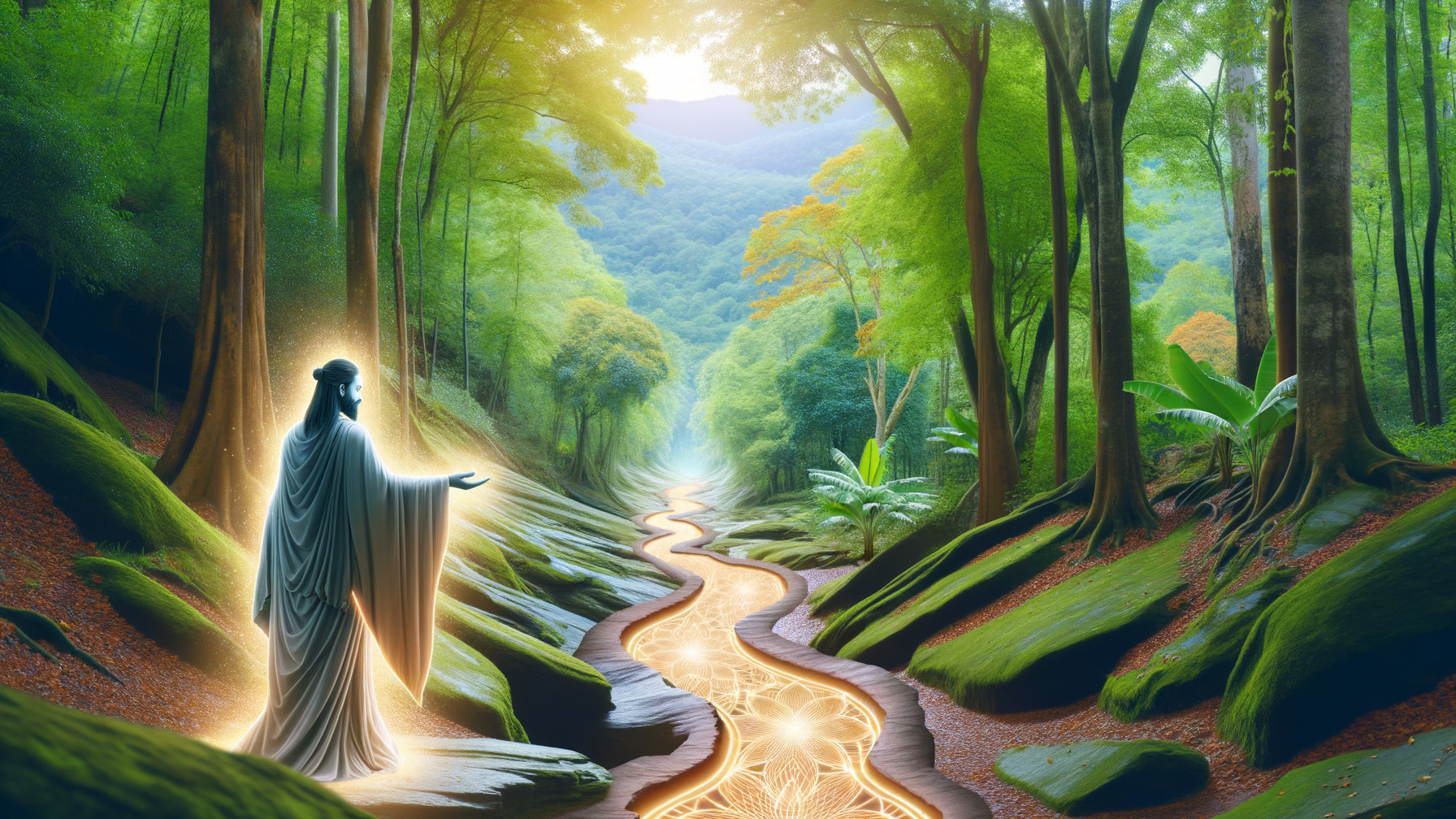 Luminous Figure by a Winding River in a Forest