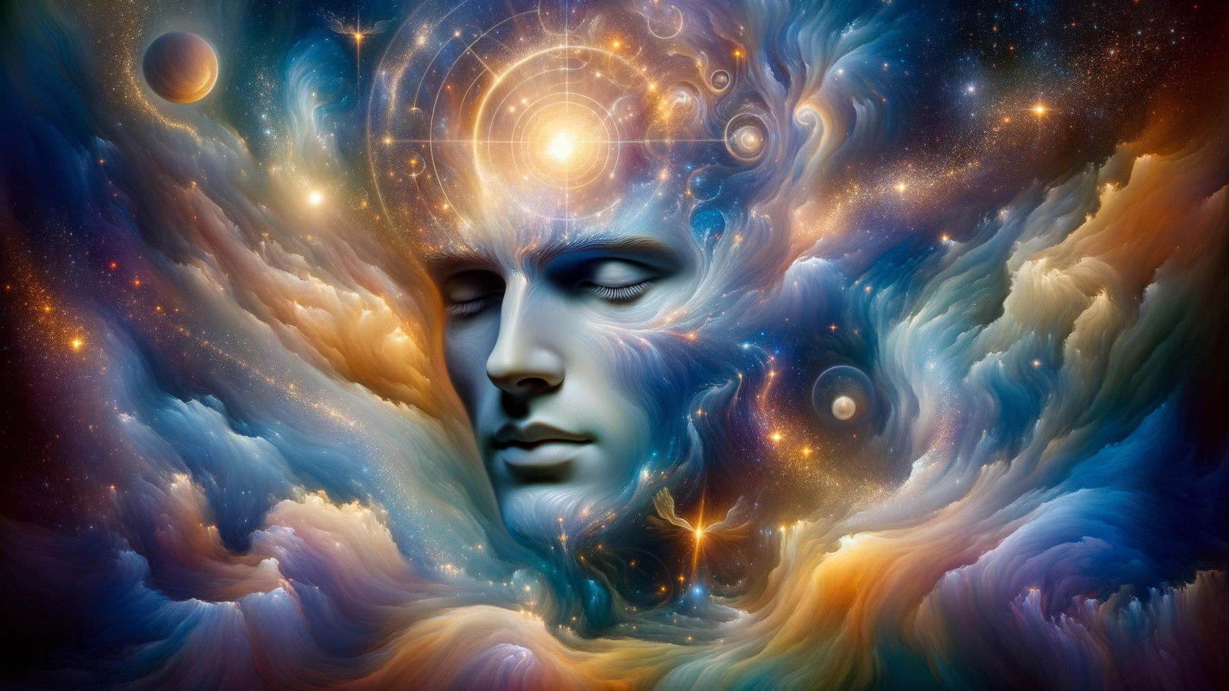 Ethereal Face Amidst Vibrant Cosmic Background
