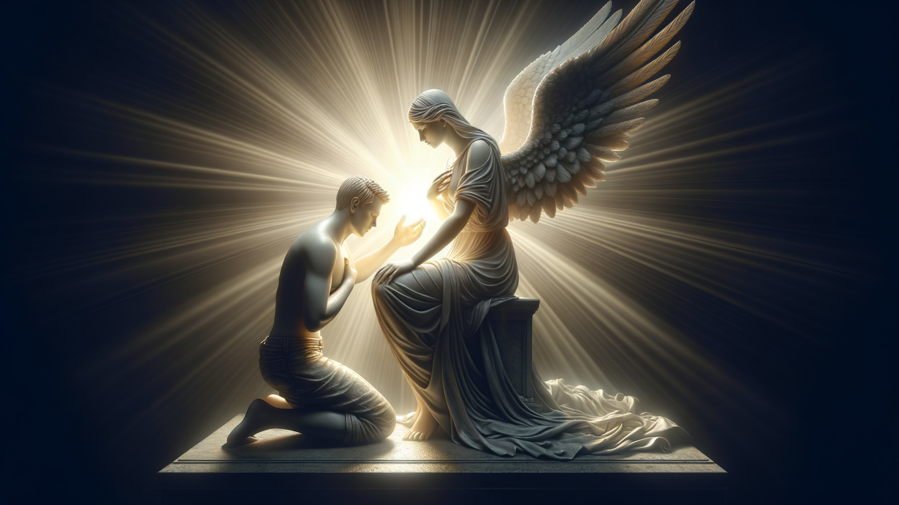 Kneeling Man Before Majestic Angel in Ethereal Scene