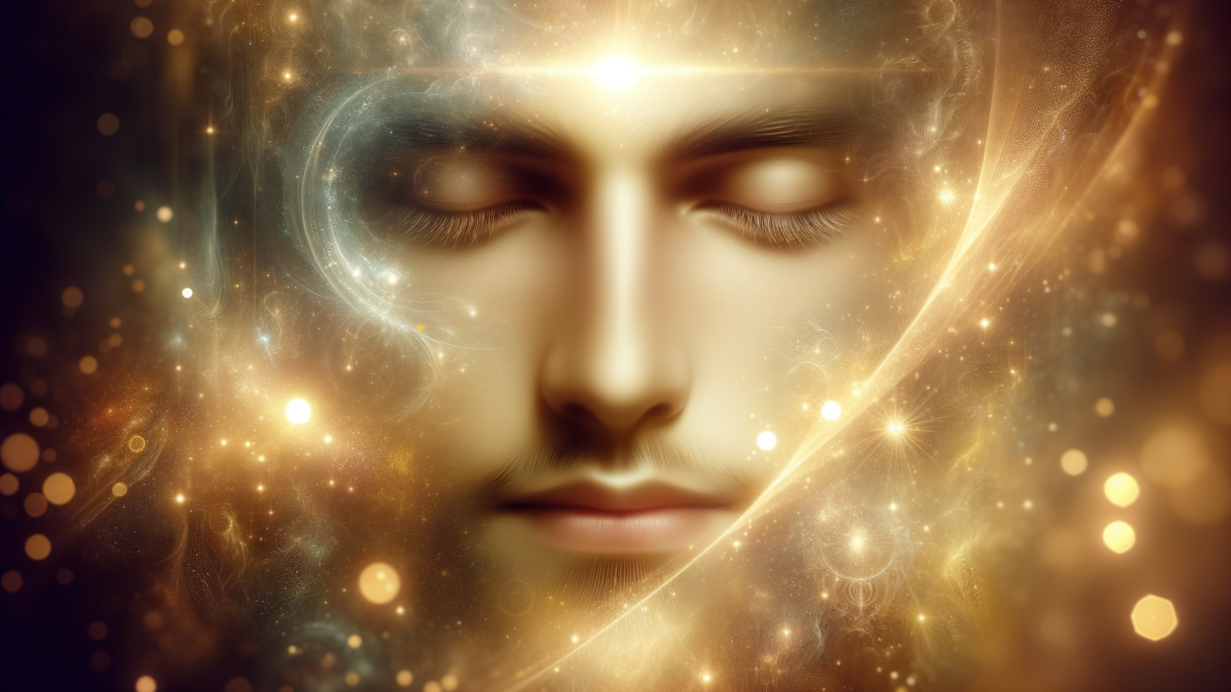 Ethereal Face in Cosmic Background with Golden Light