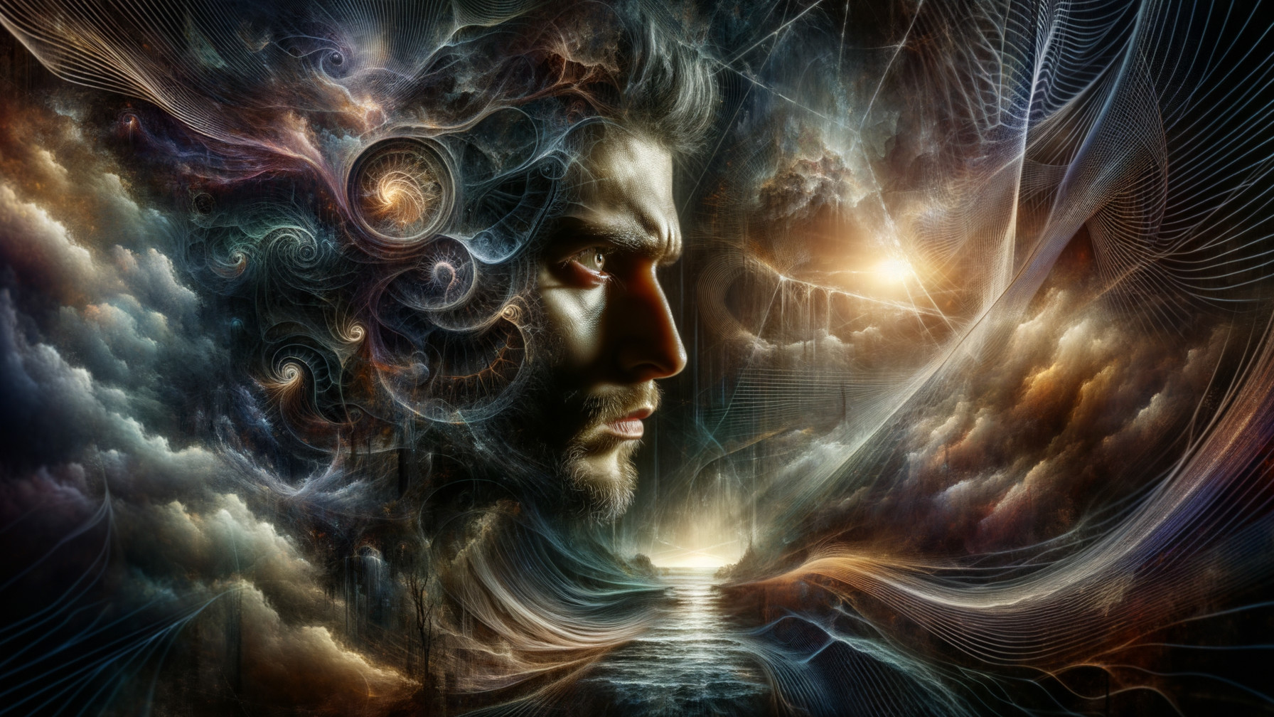 Surreal Portrait of a Man Amid Cosmic Patterns