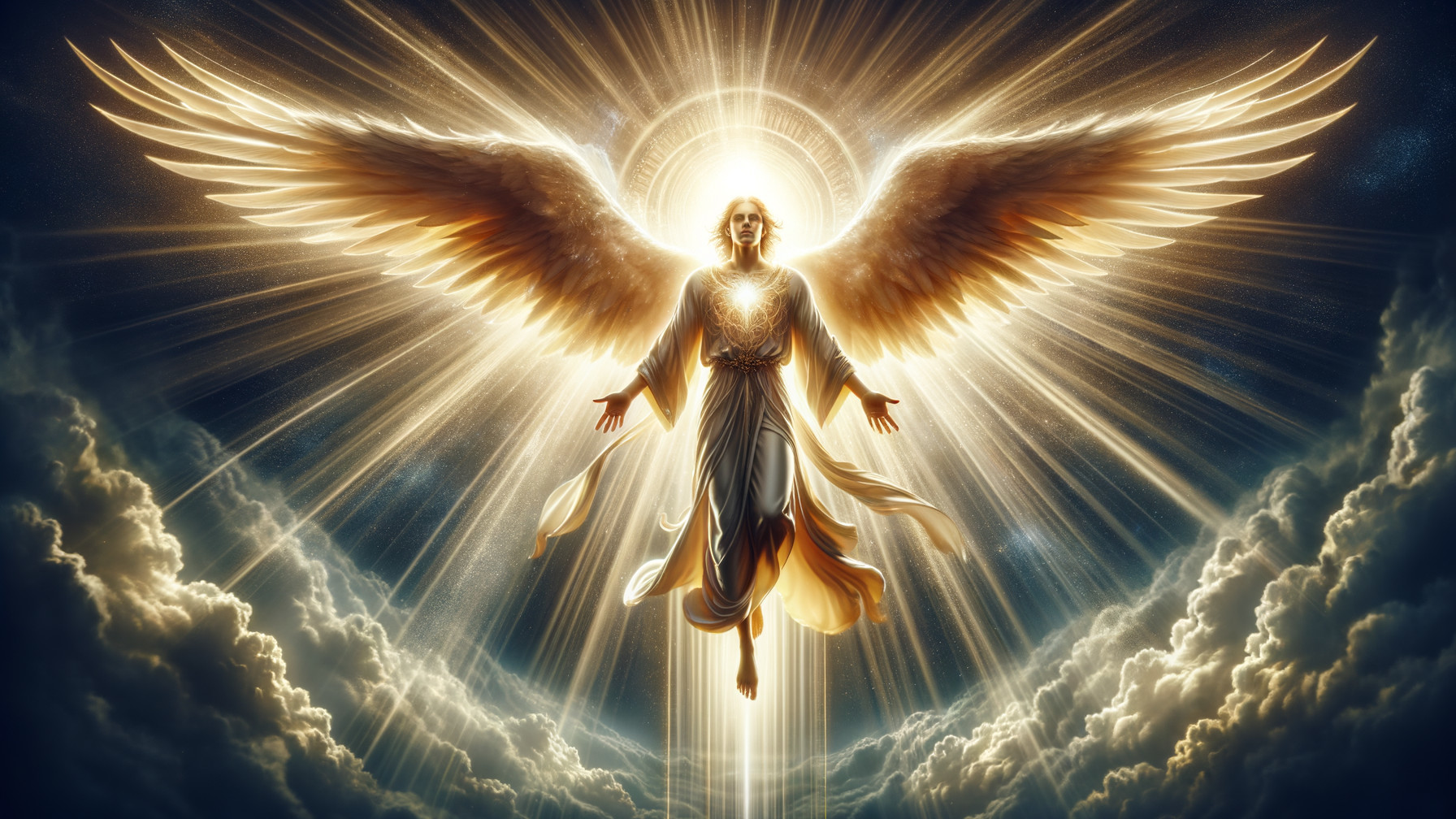 Celestial Figure with Detailed Wings in Golden Light