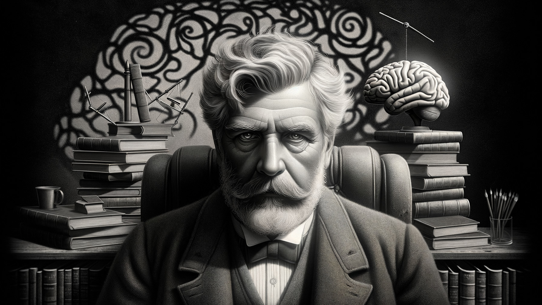 Distinguished figure at a desk surrounded by knowledge