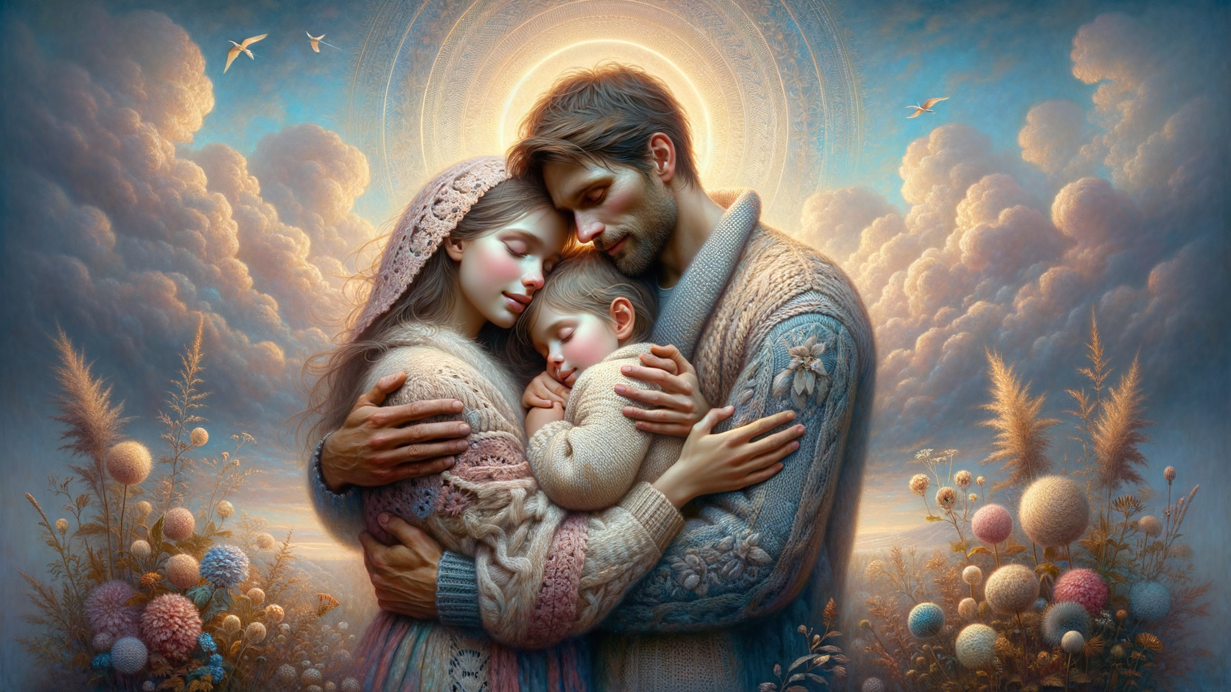 Serene Family Embrace in Dreamy Cloud Background
