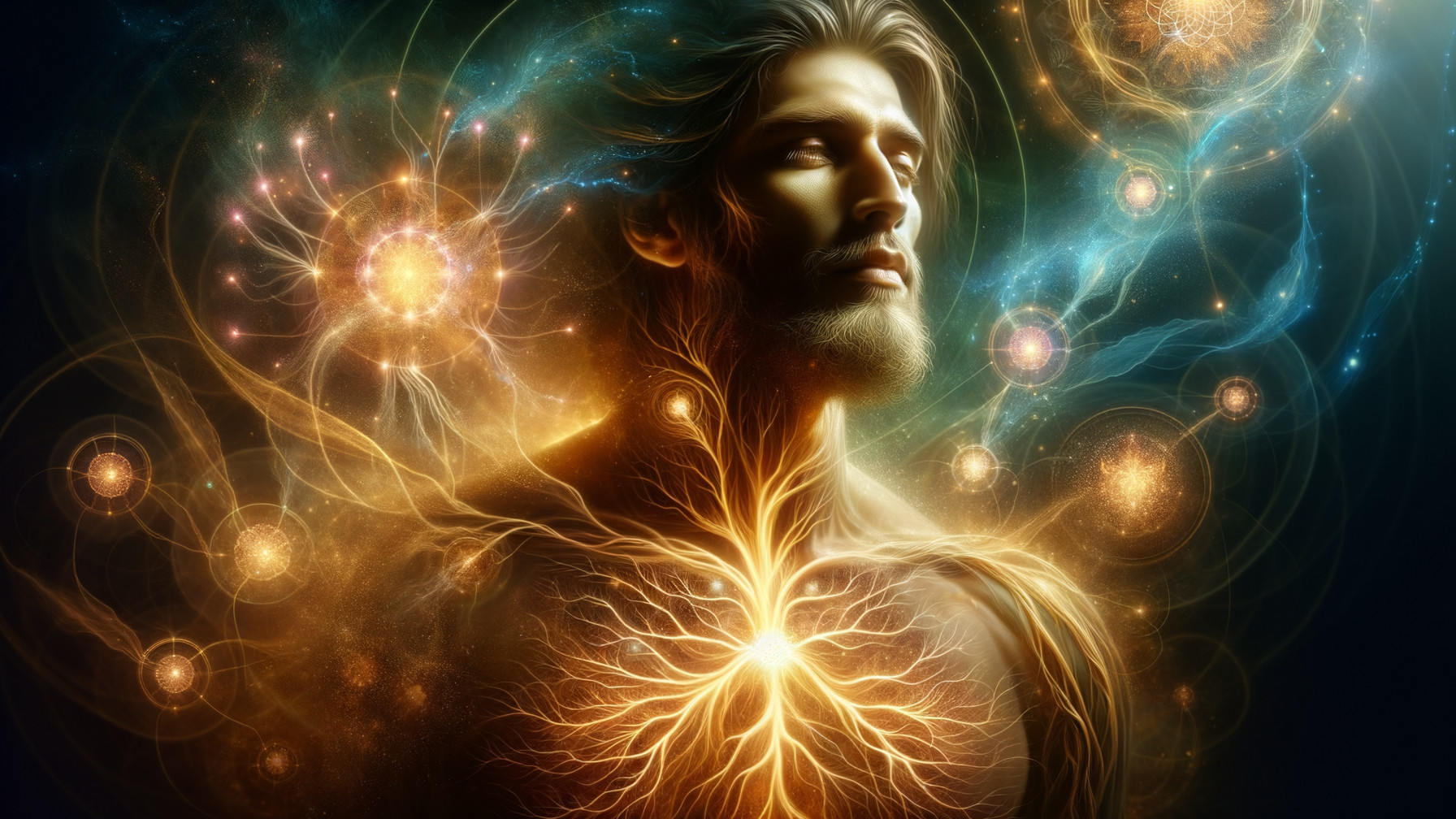 Serene Figure Surrounded by Cosmic Patterns and Light