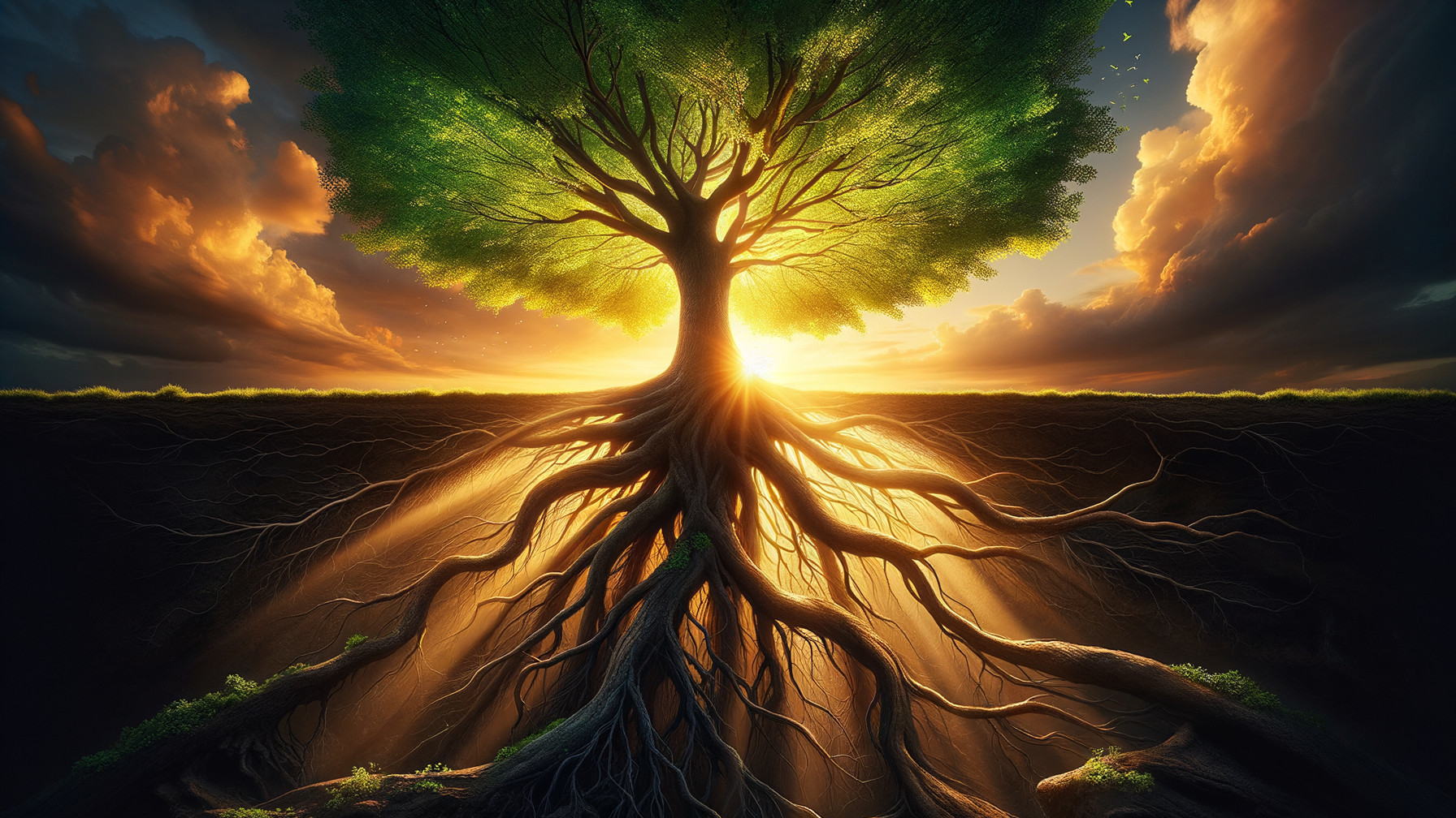 Majestic Tree at Sunset with Vibrant Foliage and Roots