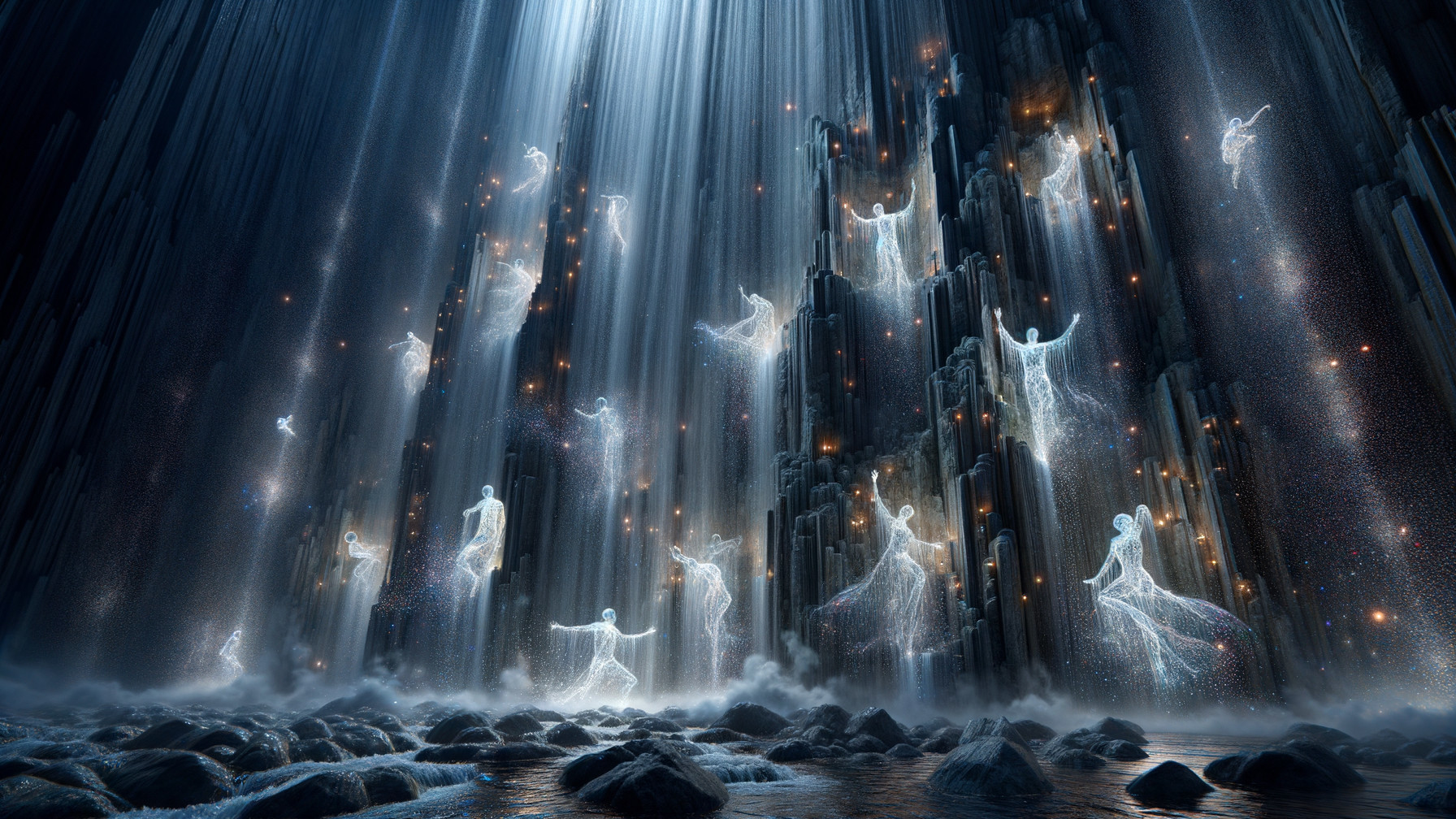 Mystical Scene with Ethereal Figures in Radiant Light