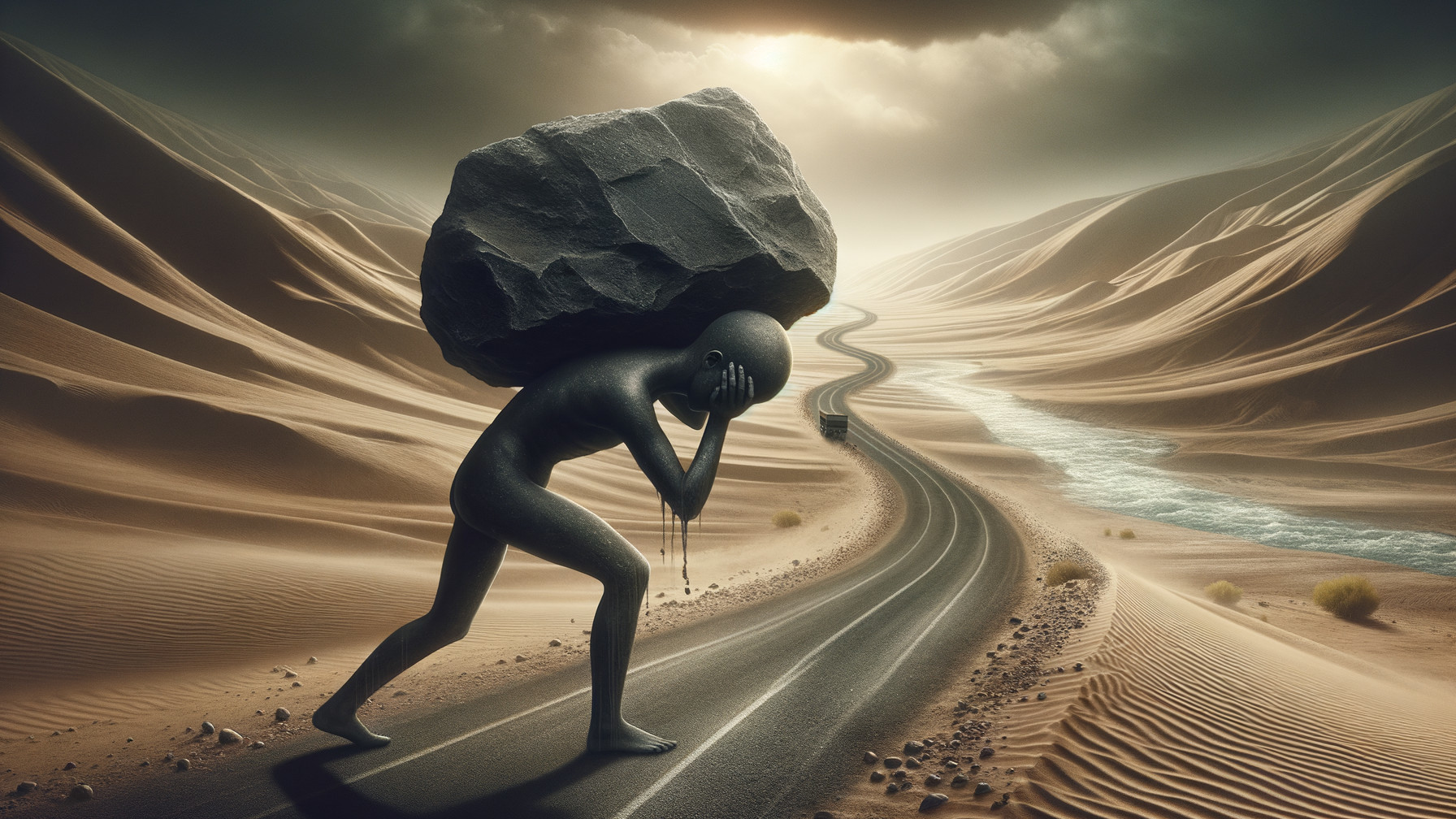 Desolate Desert Scene with Burdened Figure and Road