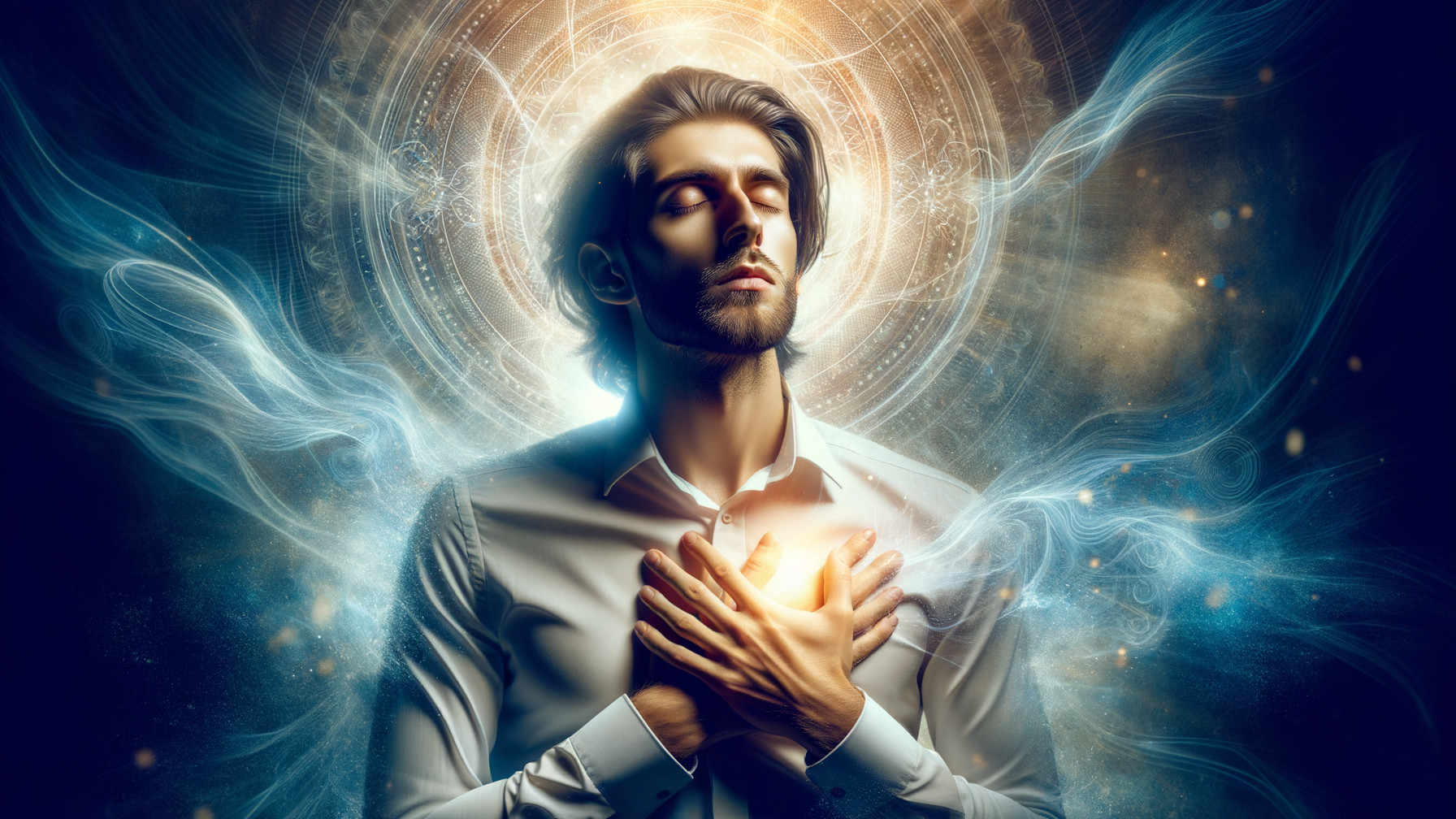 Young man in serene pose with glowing light and patterns
