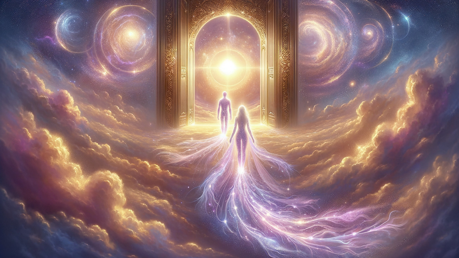 Mystical Scene of Ethereal Figures and Radiant Portal