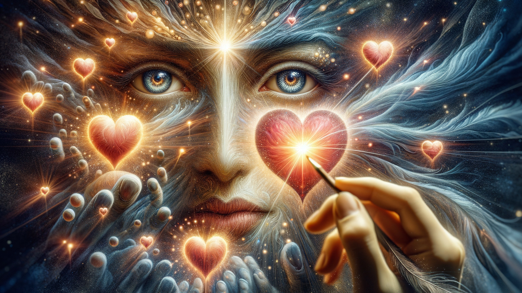 Mystical Face Surrounded by Glowing Hearts and Aura