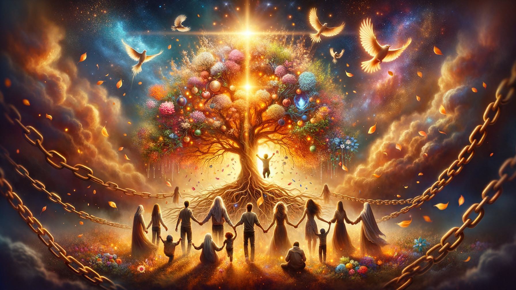 Luminous Tree Surrounded by Ethereal Figures and Doves