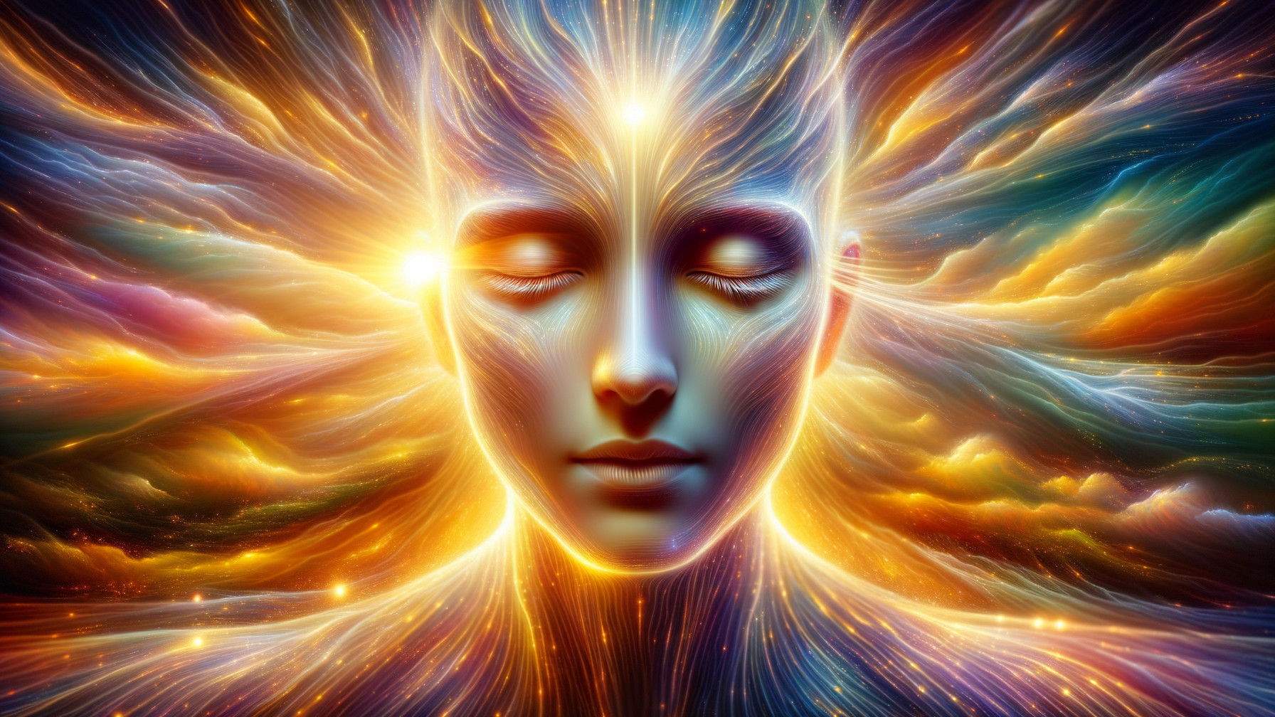 Ethereal Face Surrounded by Colorful Energy Waves
