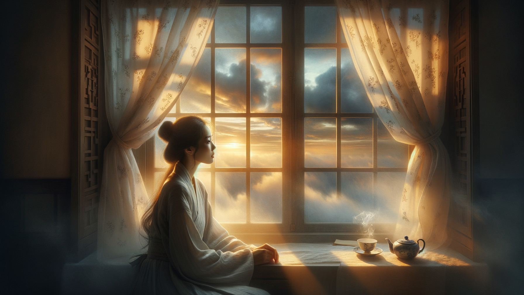 Woman in Traditional Attire by Window with Tea