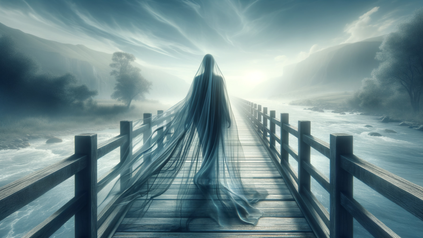 Translucent Figure on Bridge with Luminous Horizon