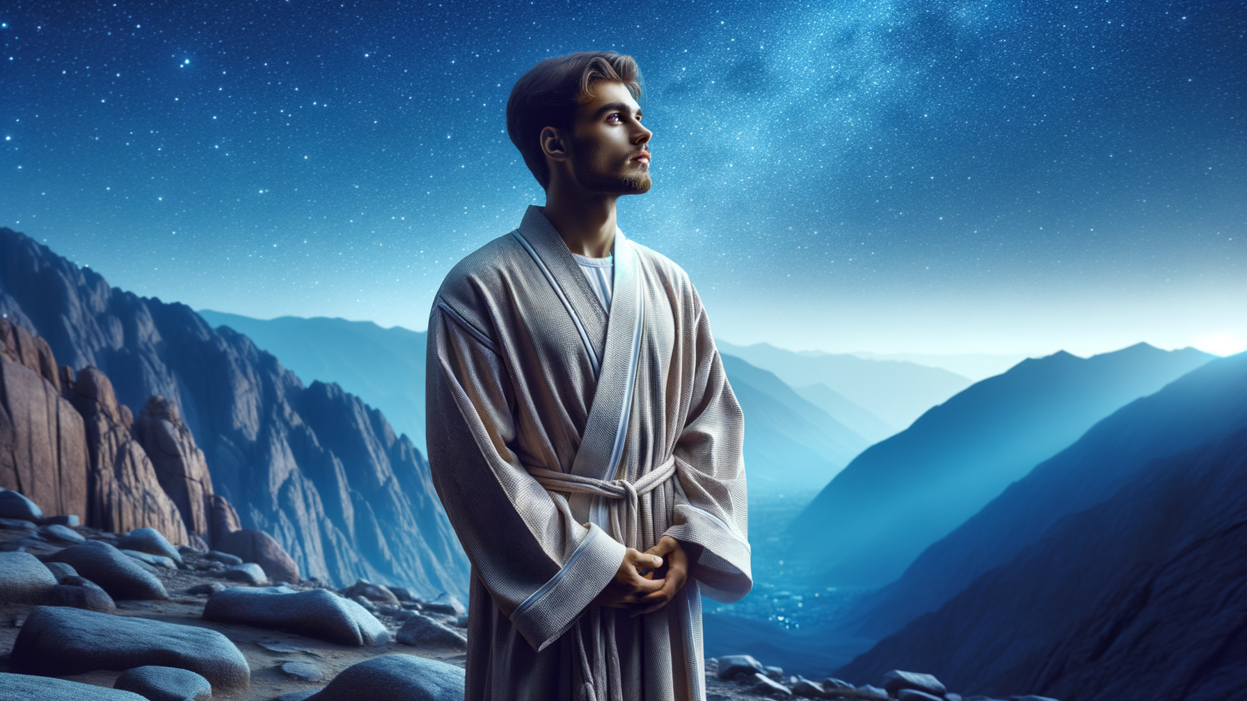 Young man in bathrobe on rocky mountain path at night