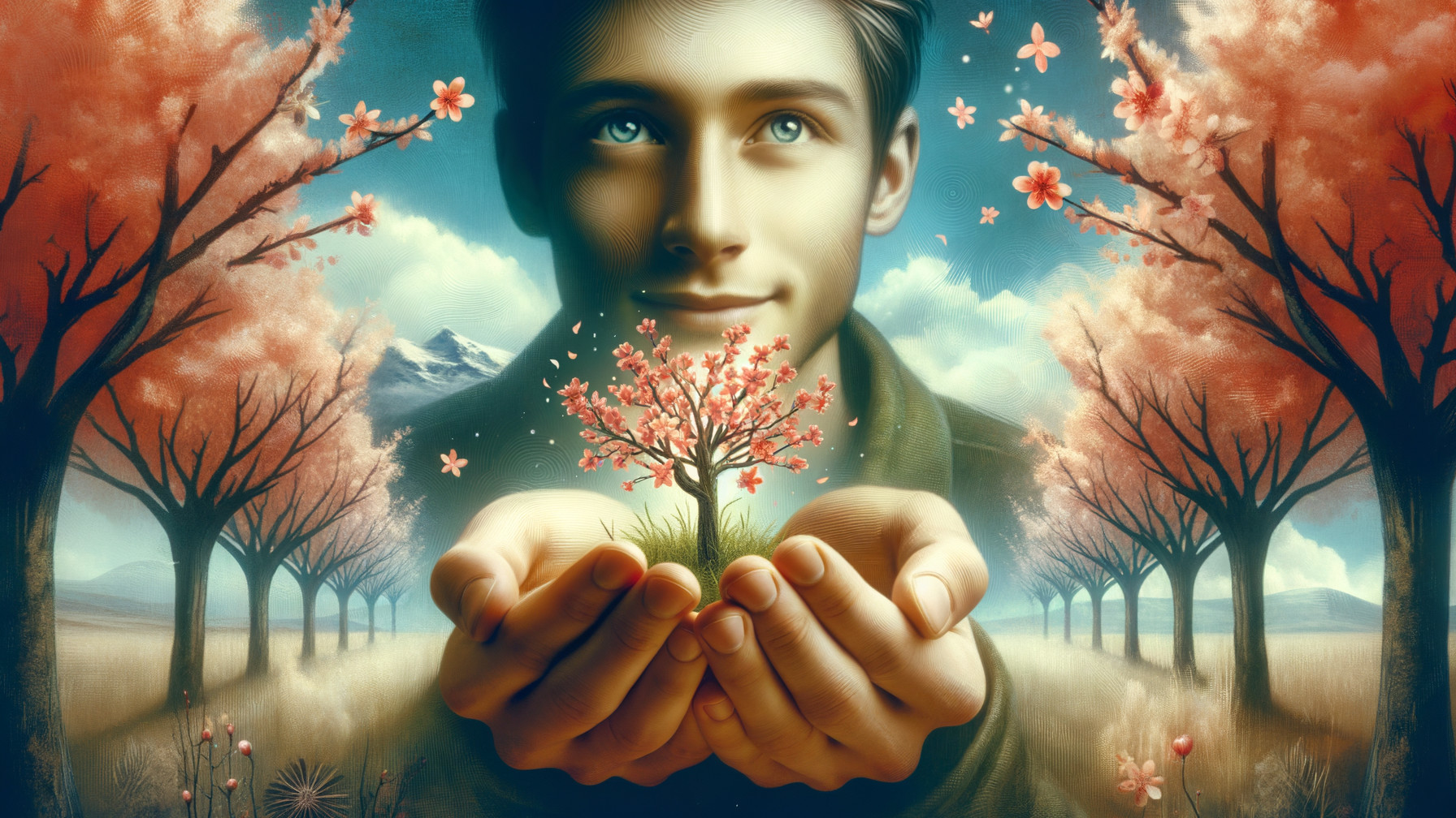 Young Man with Cherry Blossom Tree in Serene Landscape