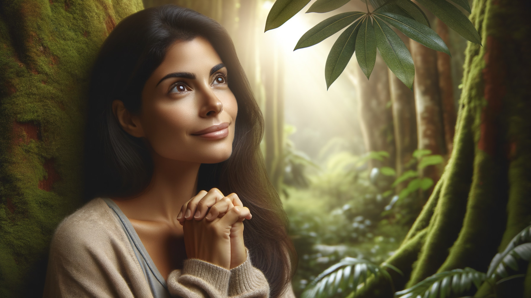 Serene Woman in Lush Forest with Soft Sunlight