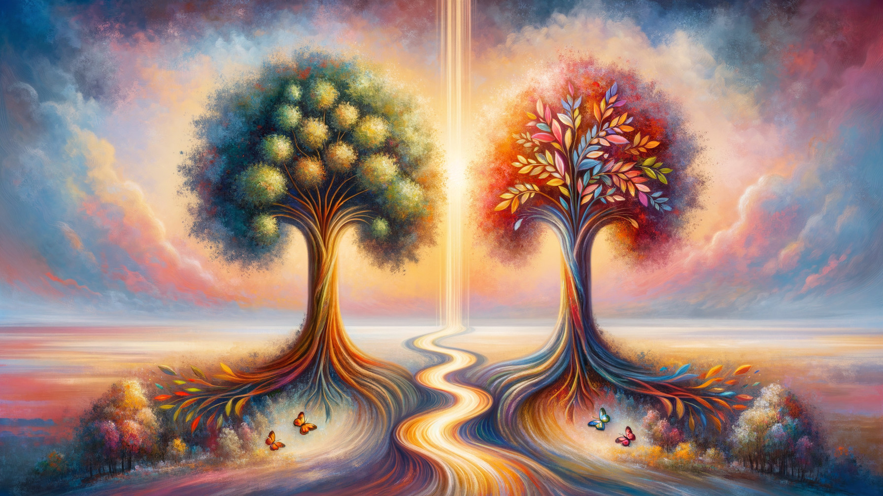 Vibrant Landscape with Majestic Trees and Butterflies