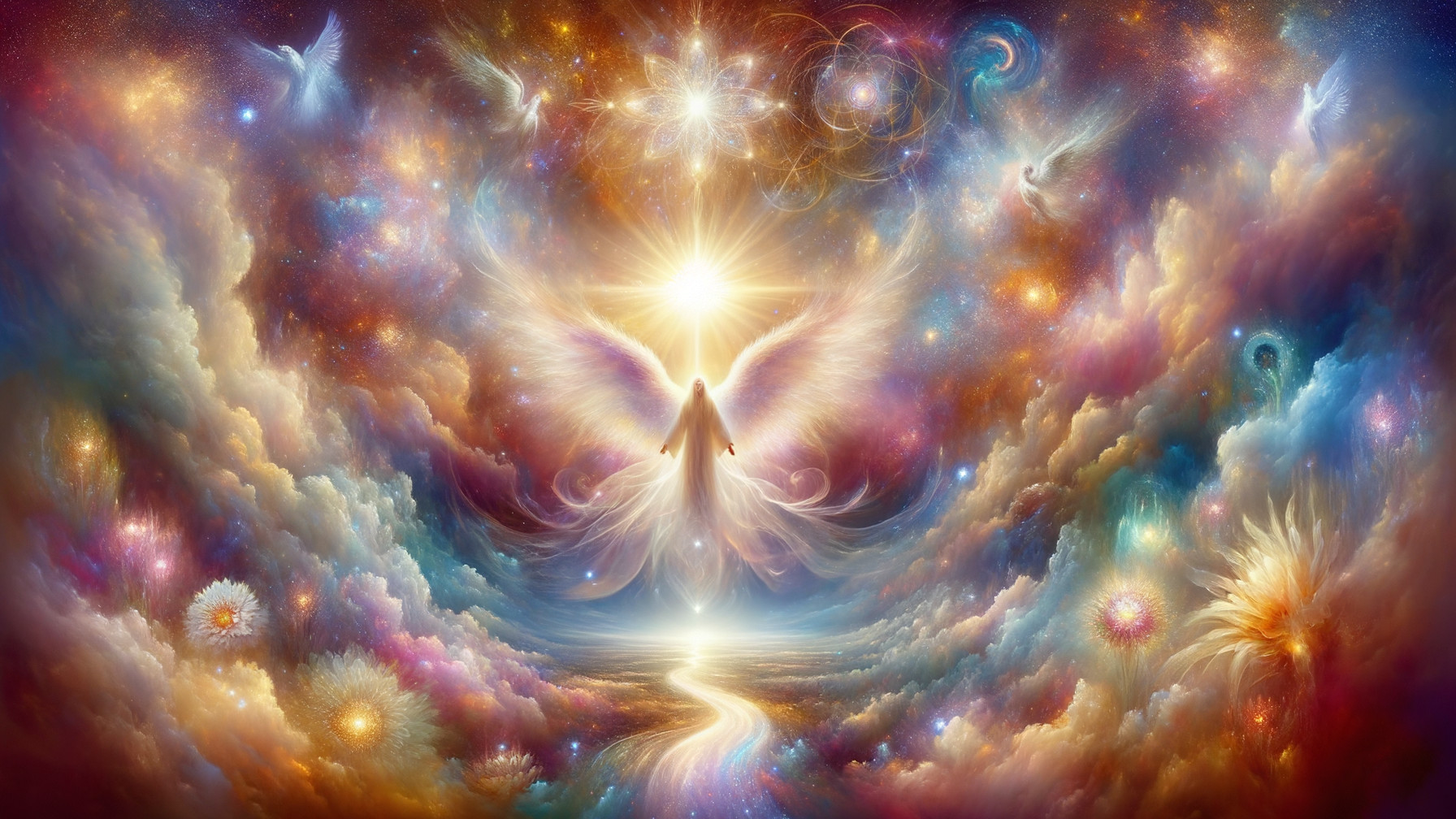 Celestial Scene with Angelic Figure and Vibrant Colors